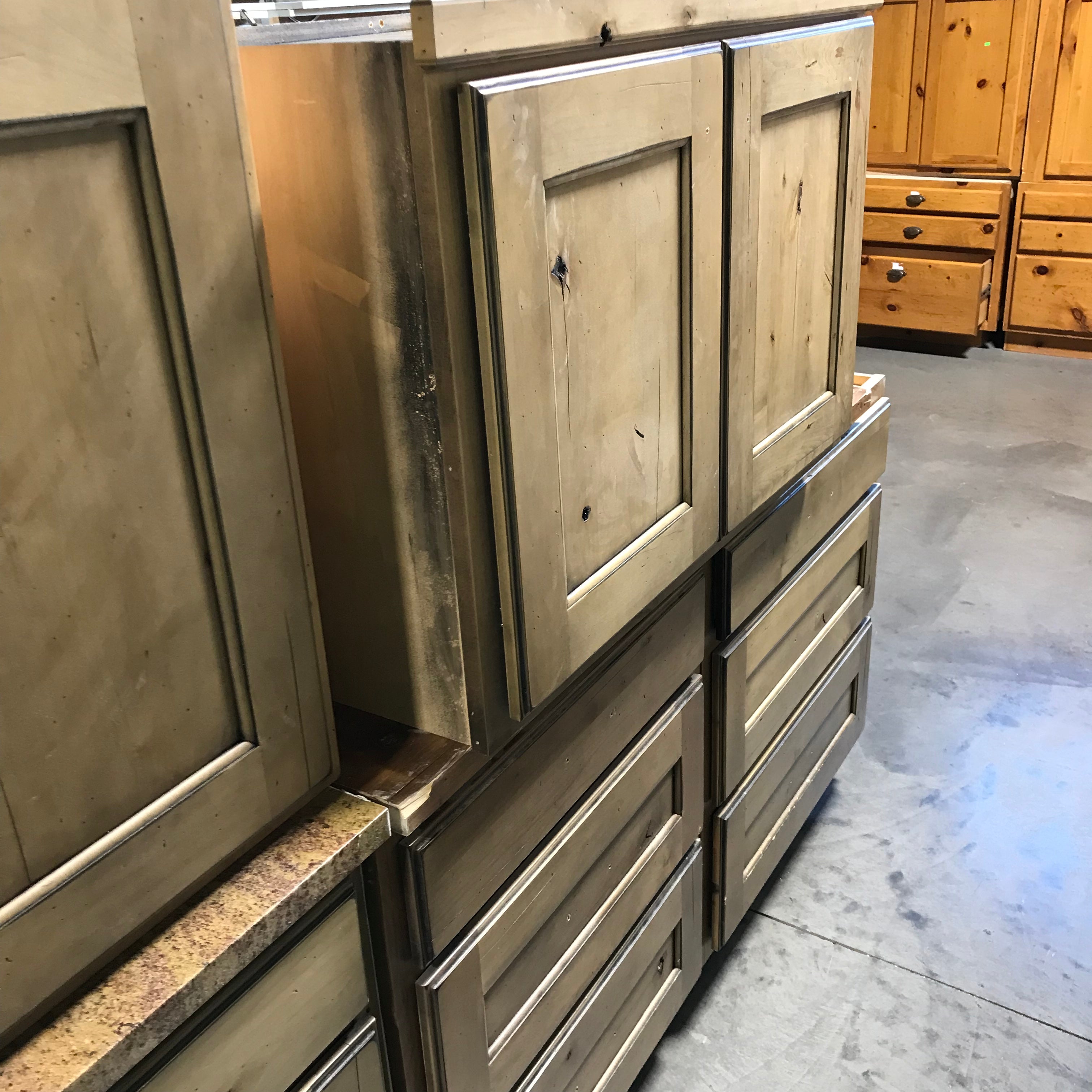 12 pc. Knotty Alder Stained Finish, No Hardware 2 Island Bases, 4 Lowers, 6 Uppers-one glass door Cabinet Set