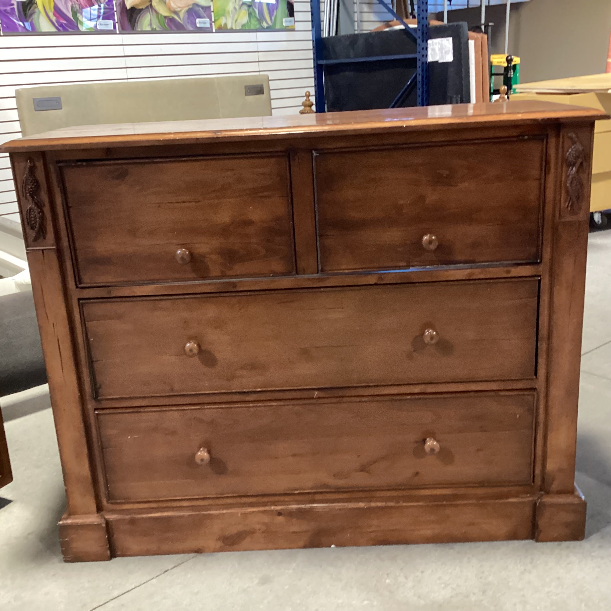 Distressed Finish Carved Pine Cone Wood 2 Drawer & Lift Top Media Dresser 34"x 20"x 43"