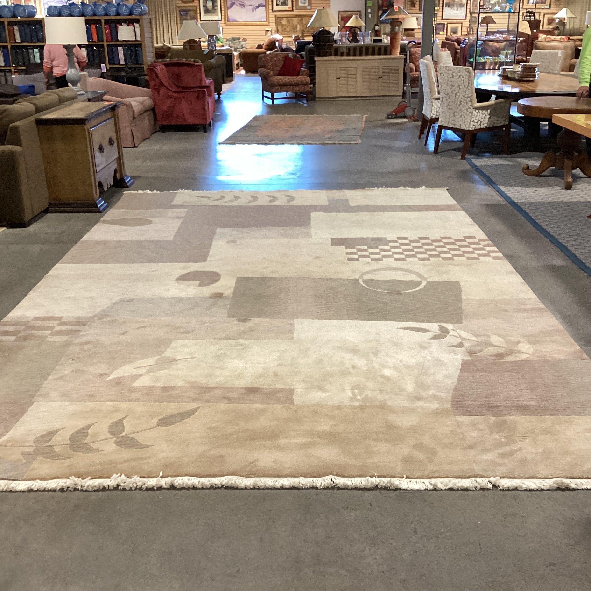 Cream Beige Tan Taupe Modern with Leaf Design Hand Woven Wool Rug 10’ x 15’4”