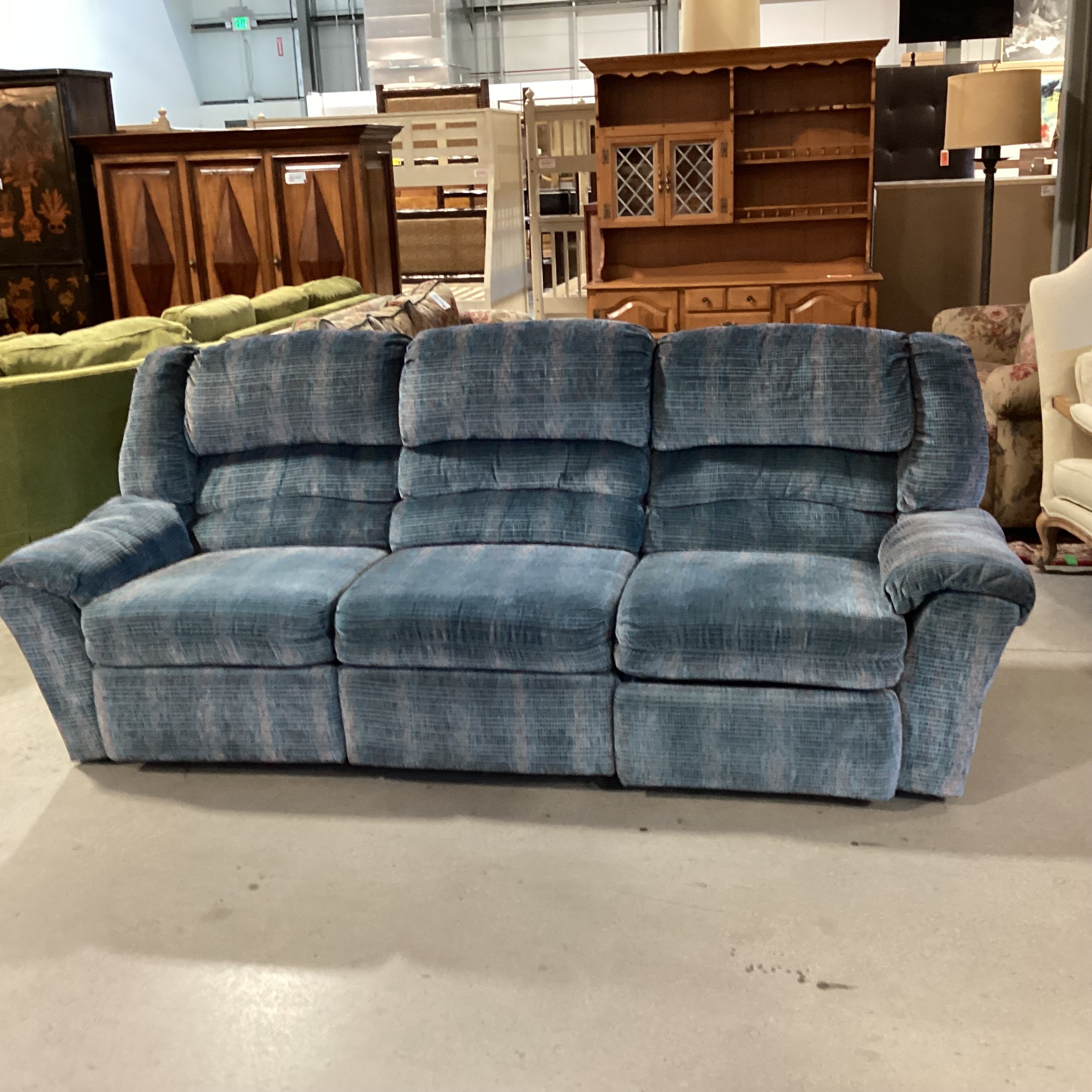 Action Industries Teal Blue with Light Red Grid Woven Double Recliner Sofa 96"x 38"x 37"