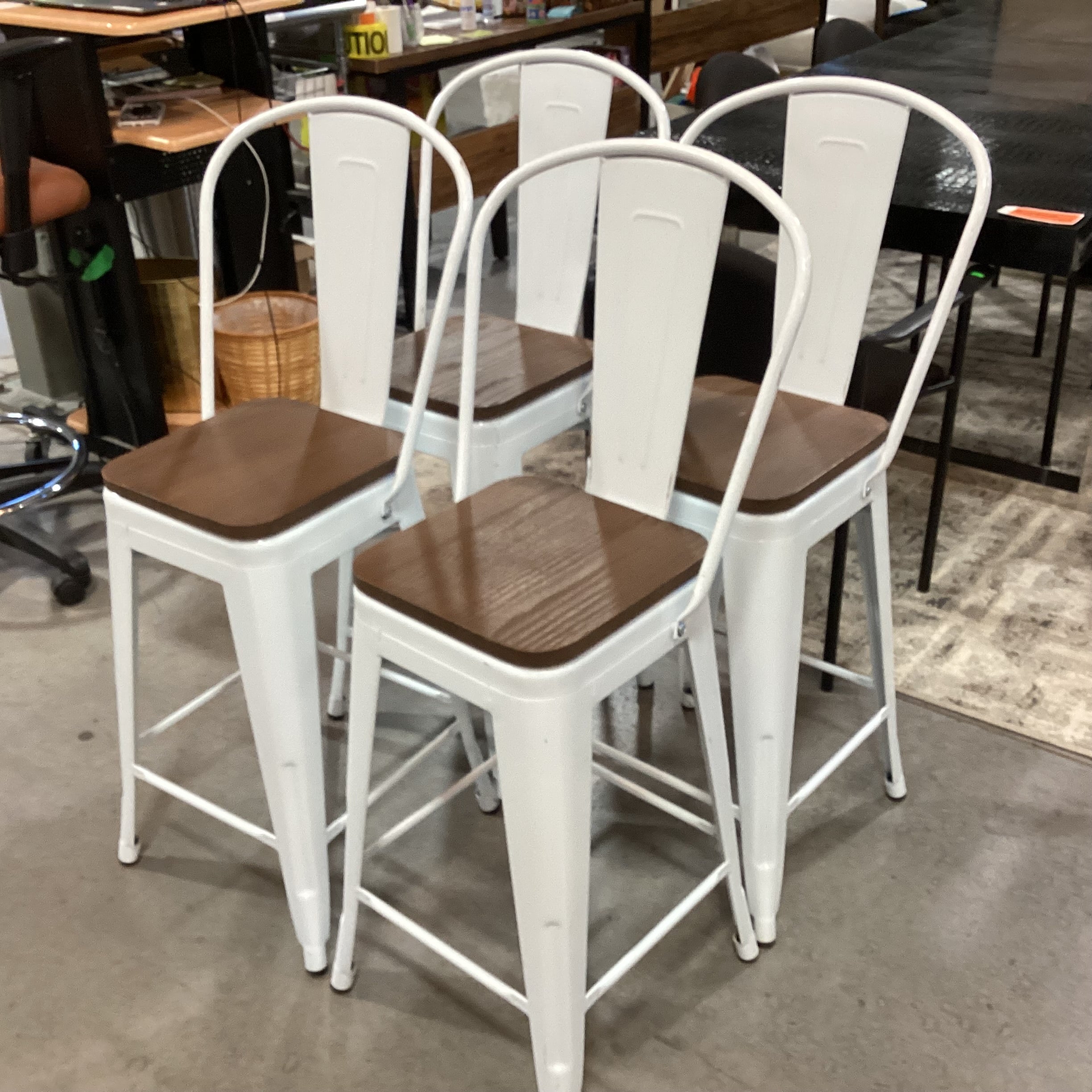 SET of 4 Industrial White Metal & Wood Seat Barstools 25"