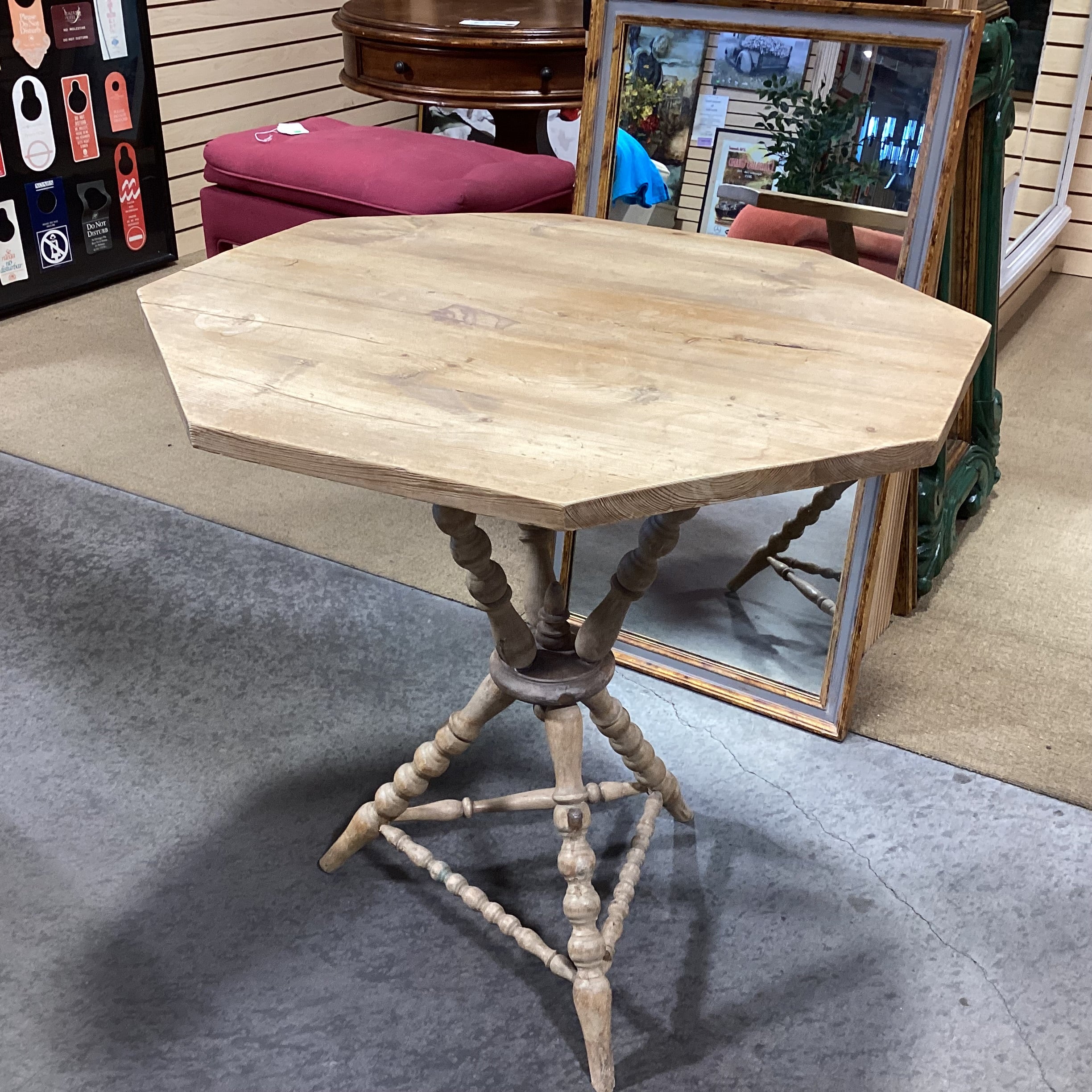 Antique Natural Pine Spindle Carved Tri Leg Octagon Top Accent Table 28.5"x 28.5"x 29.5"