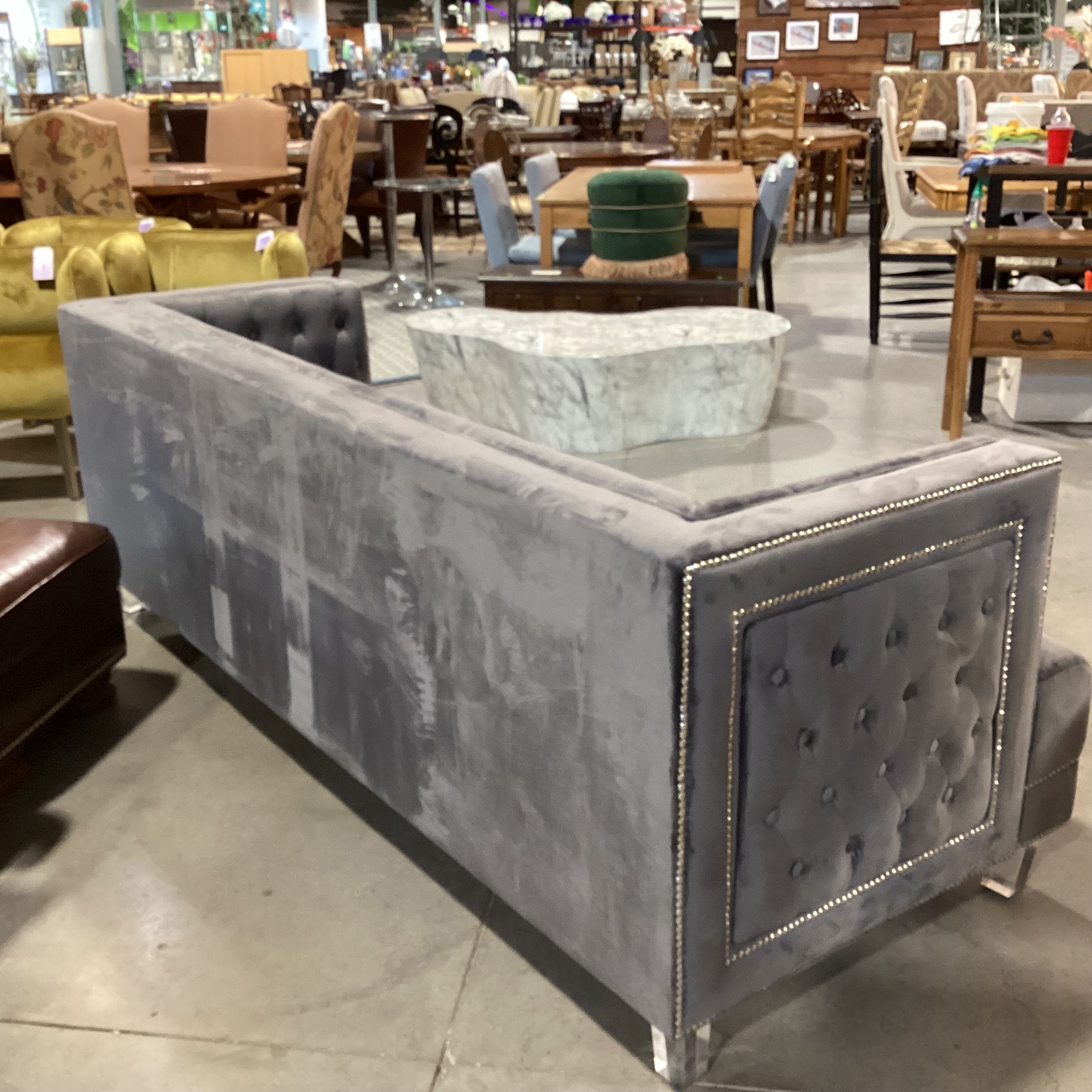 Grey Button Tufted Velvet with Nailhead & Acrylic Feet Sofa 88"x 36"x 31"