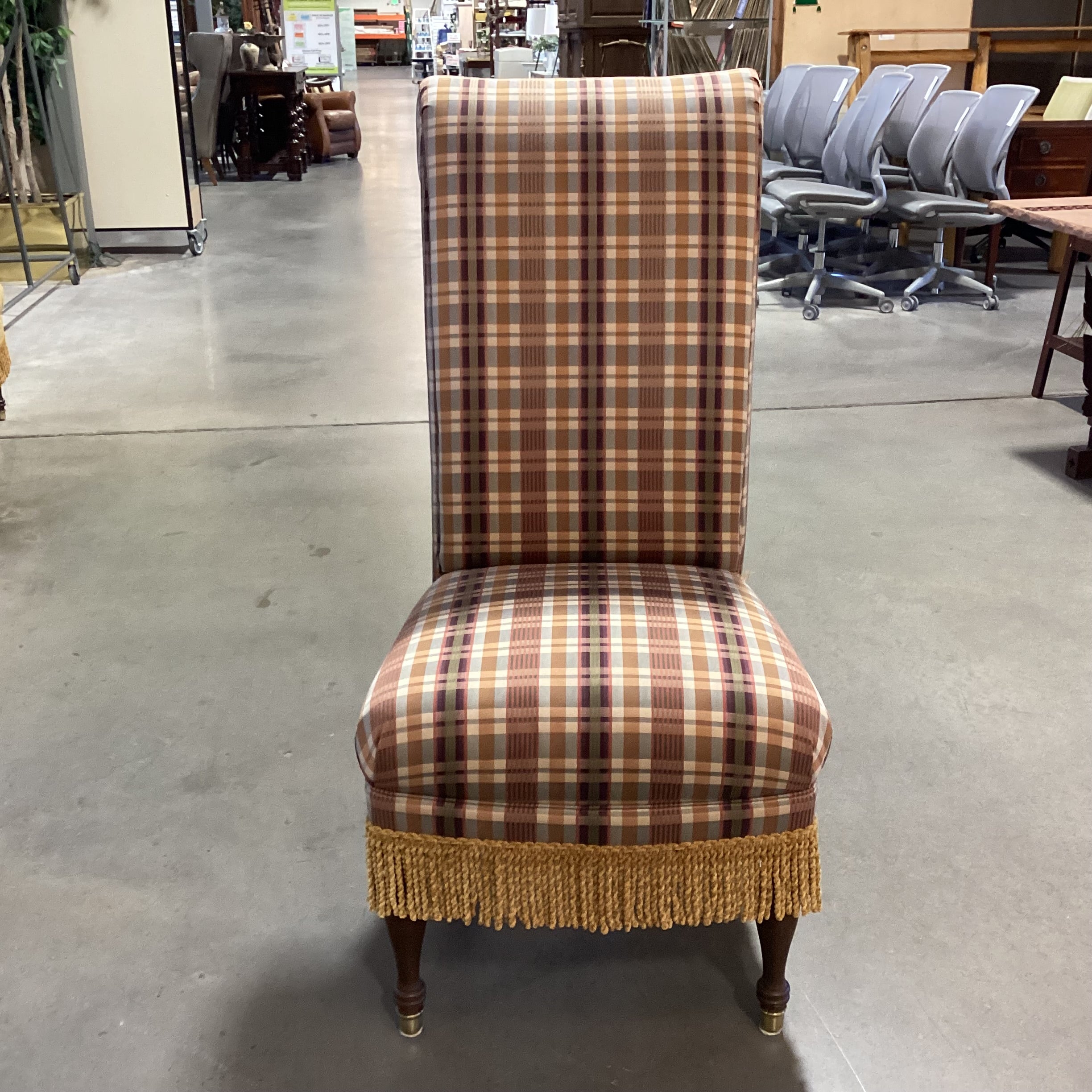 Custom Burgundy Gold Plaid & Fringe Roll Back Chair 20"x 32"x 46"