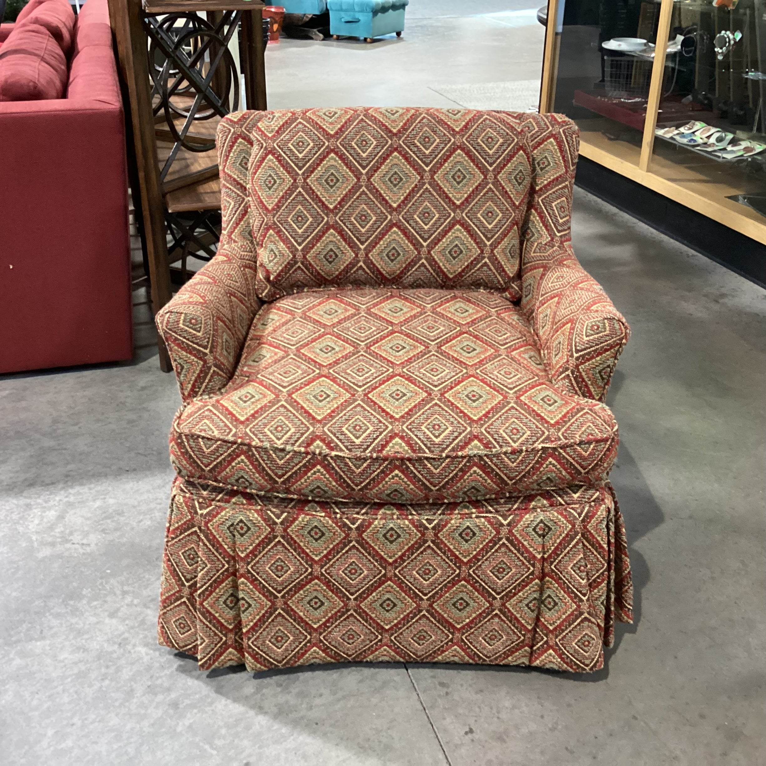 Dindy Foster Interiors Brown Gold Red Sage Diamond Pattern Woven with Tailored Skirt Chair 30"x 32"x 30"