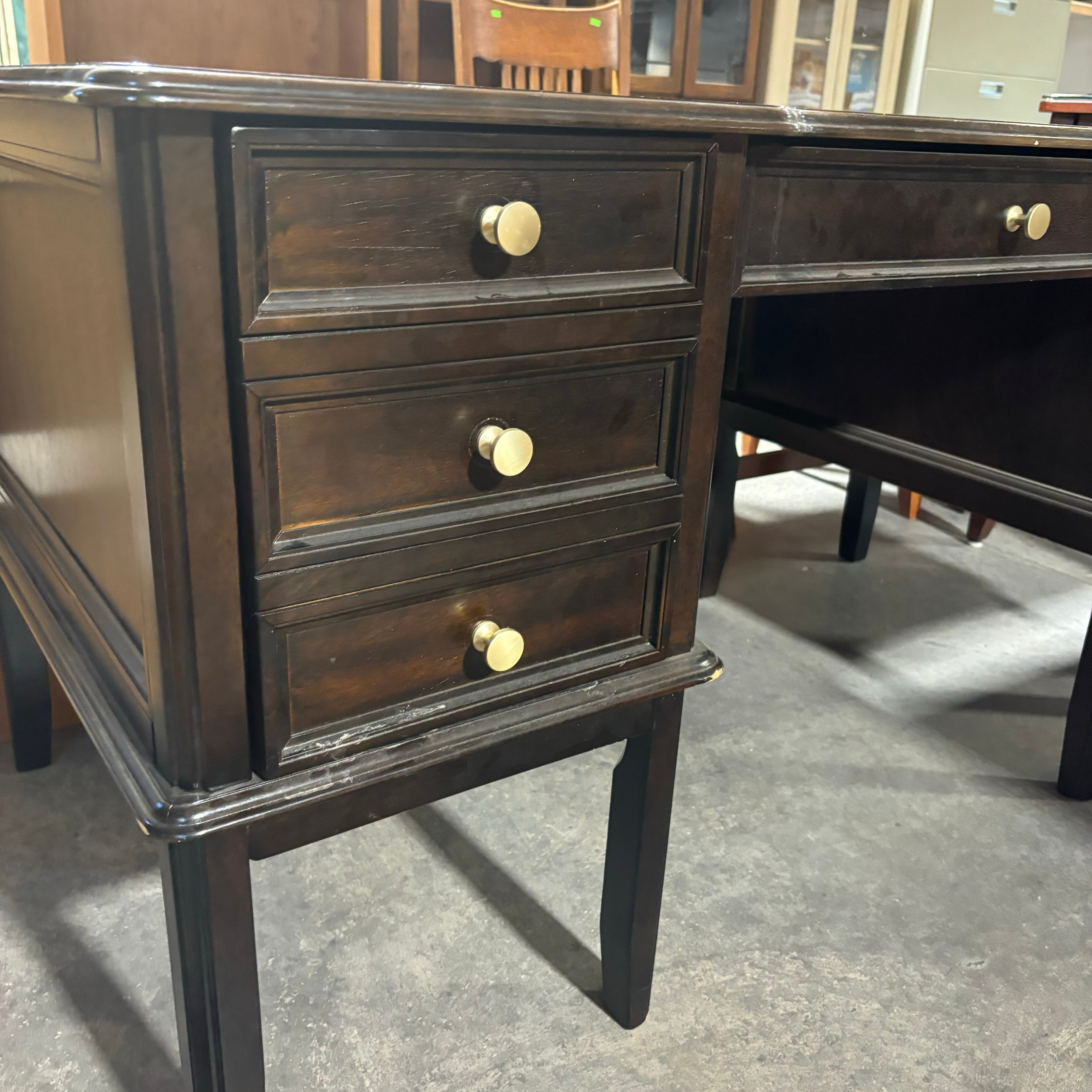 Ashley Dark Finish Wood Style Laminate with Brass Colored Accents 5 Drawer Desk 60"x 30"x 30"