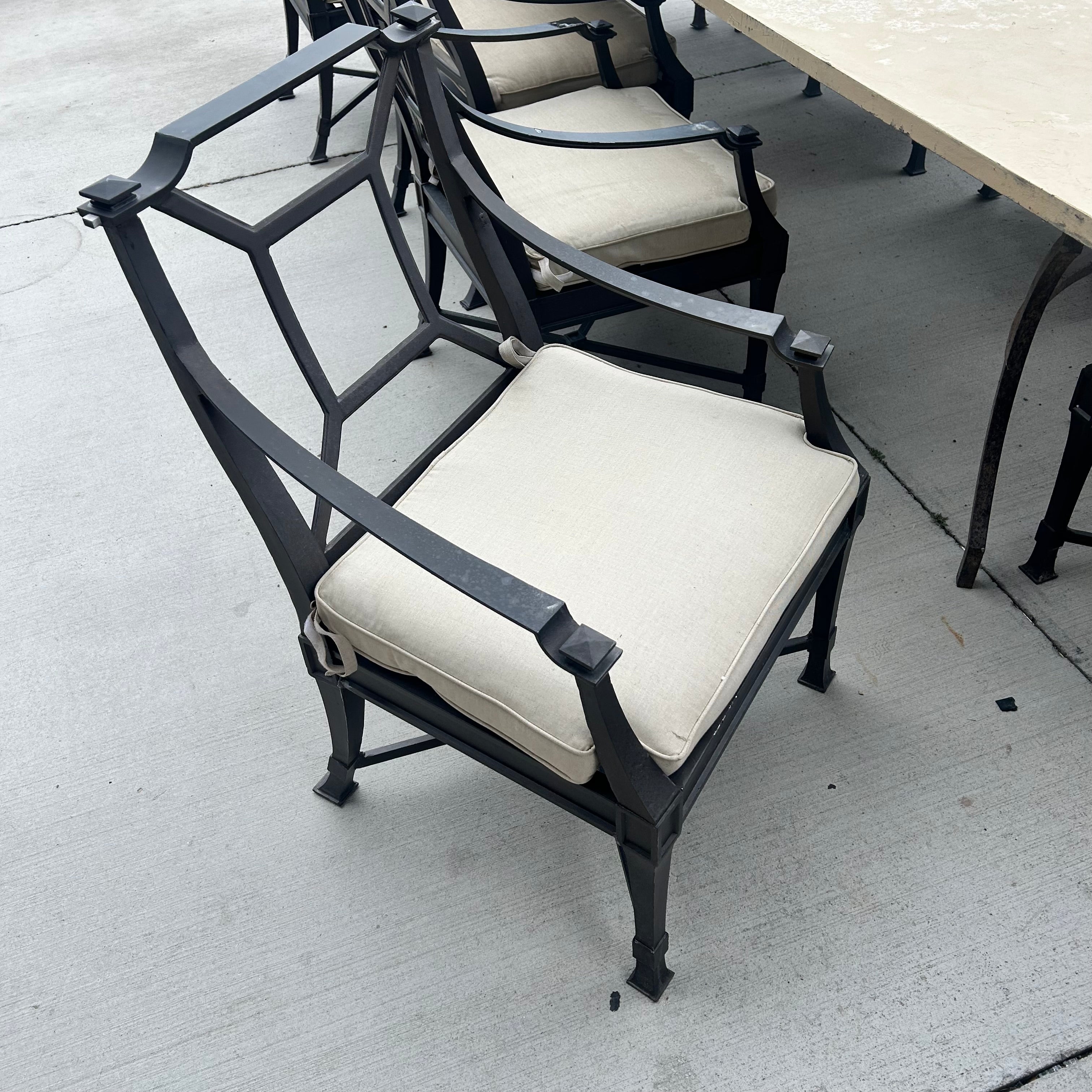 Large Stone Top Dinning Table With 10 Iron Chais With Cushions Table Is 44.5"x 118"x 1.5" Chairs are 24"x 33"x35"