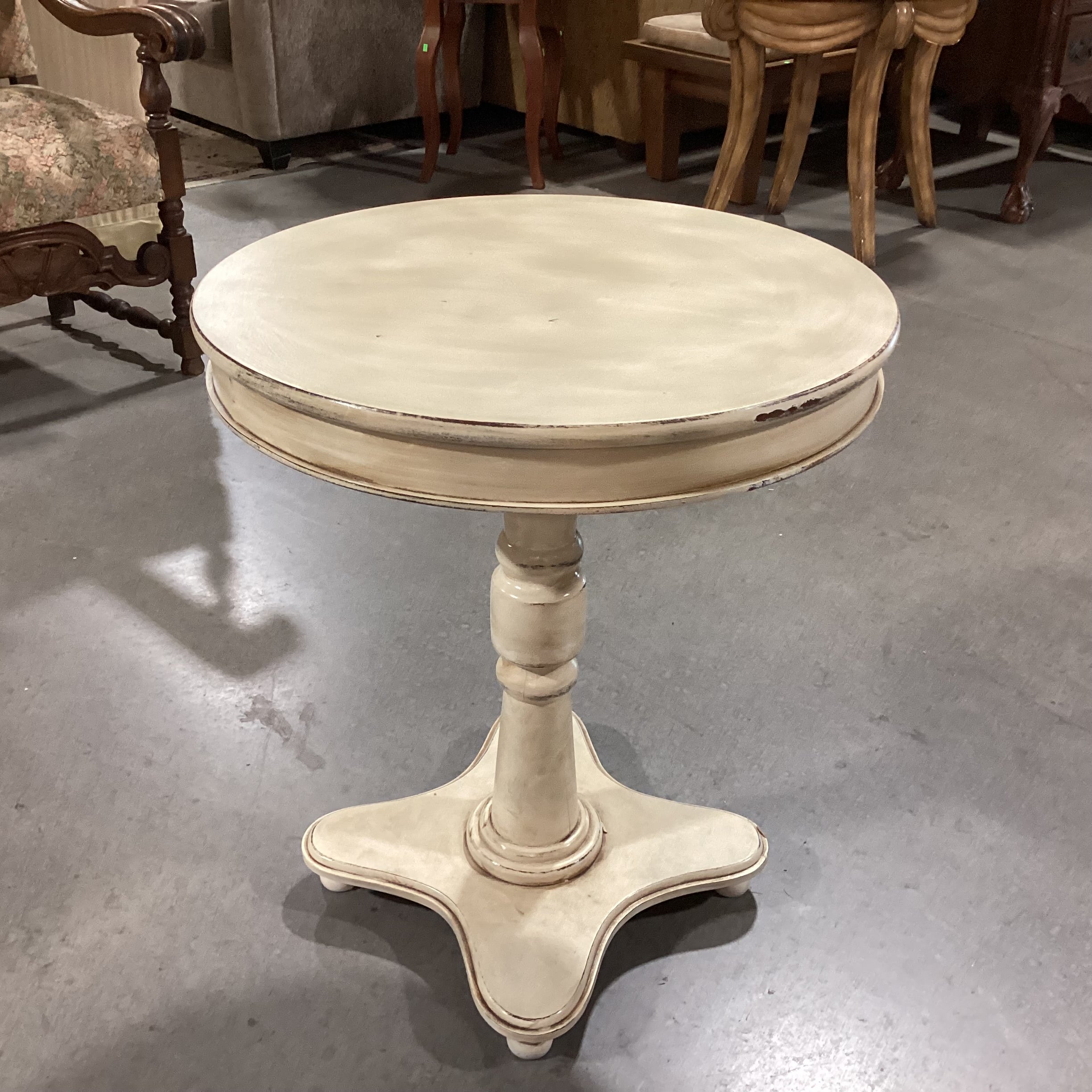Cream Antiqued Finish Wood with Pedestal Round End Table 24" Diameter X 28"