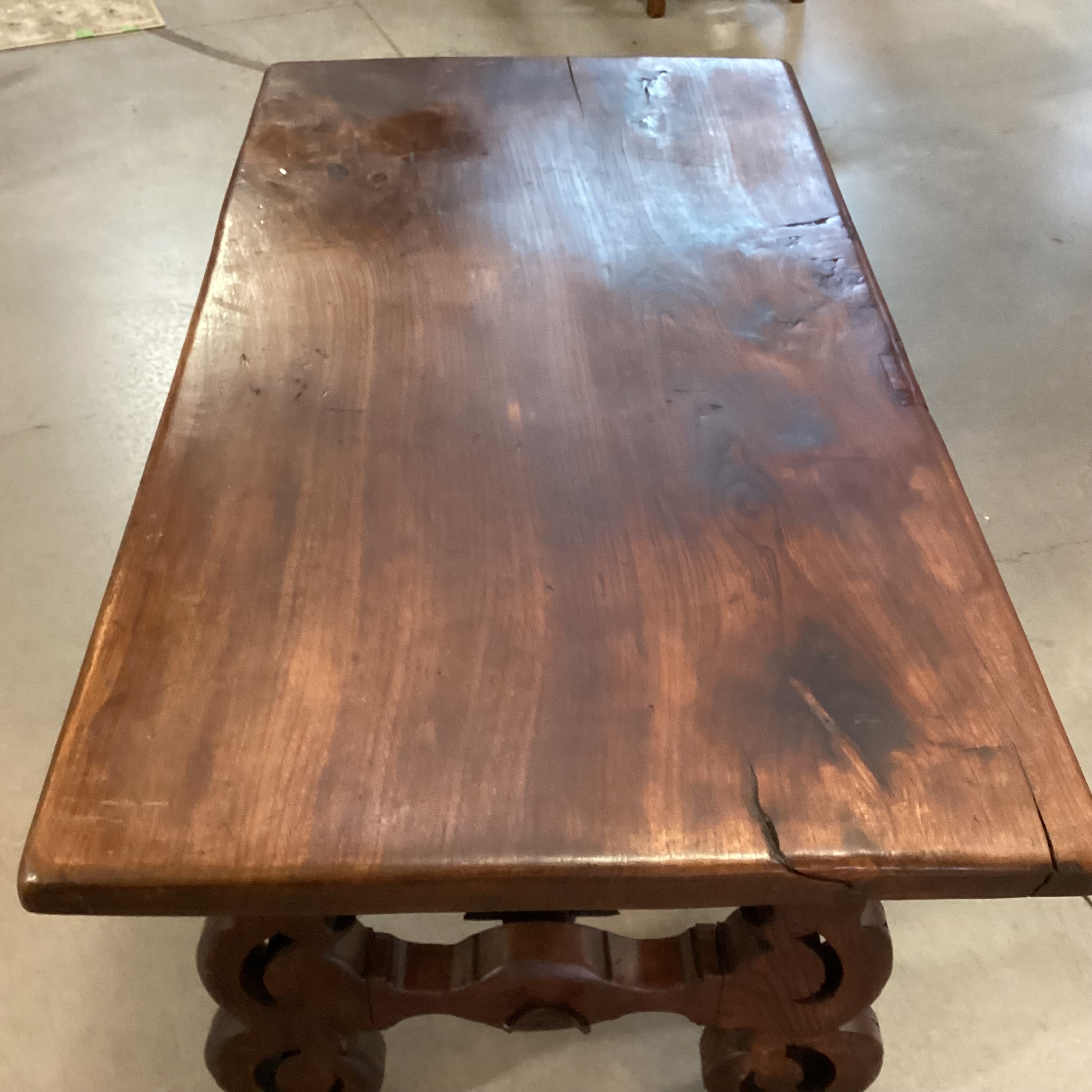 Vintage Antique Solid Wood Carved Side Legs & Iron Stetchers Trestle Accent Table 55"x 31"x 29"