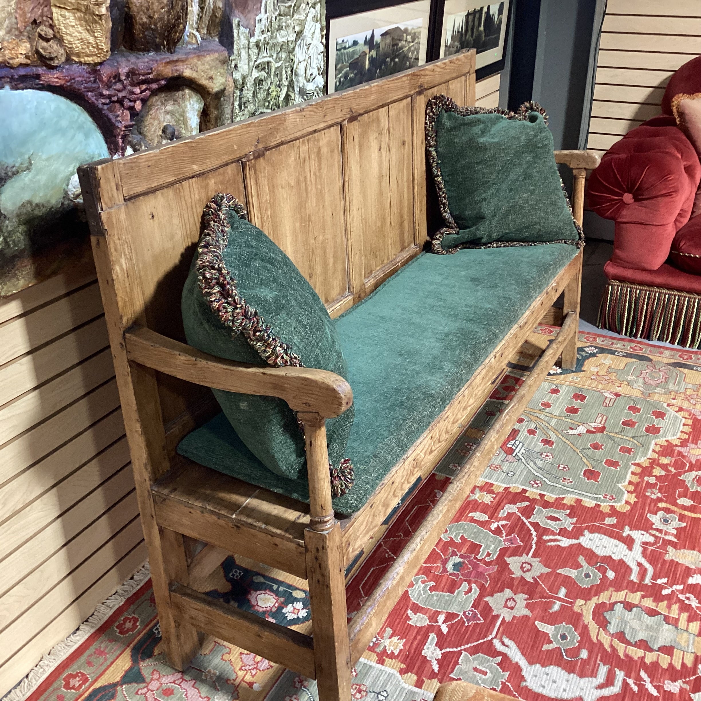Antique Carved Pine with Panel Detail & Green Chenille Cushions Bench 71"x 19"x 42"