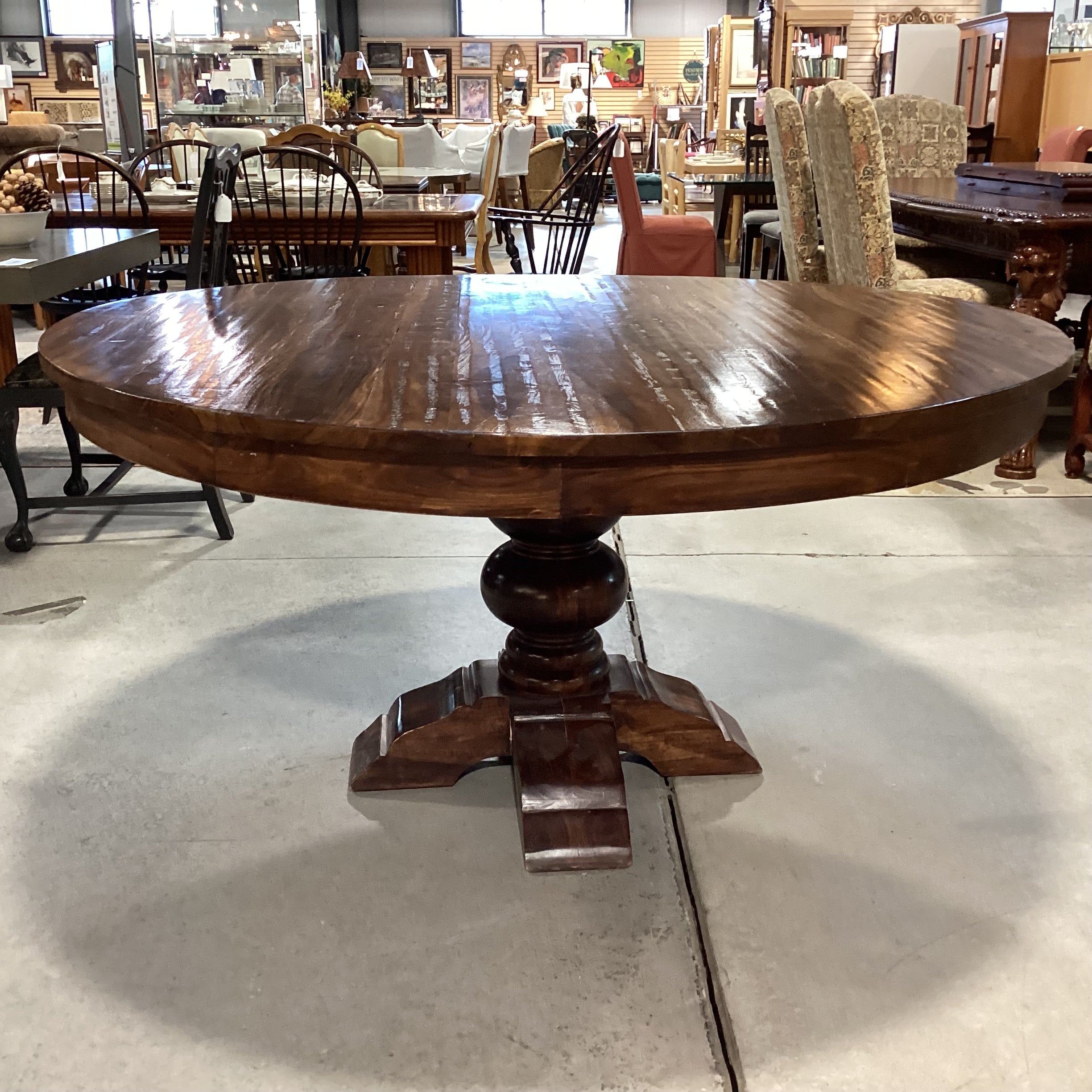 Dark Distressed Finish Round Solid Wood with Pedestal Dining Table 60" Diameter x 30.5"
