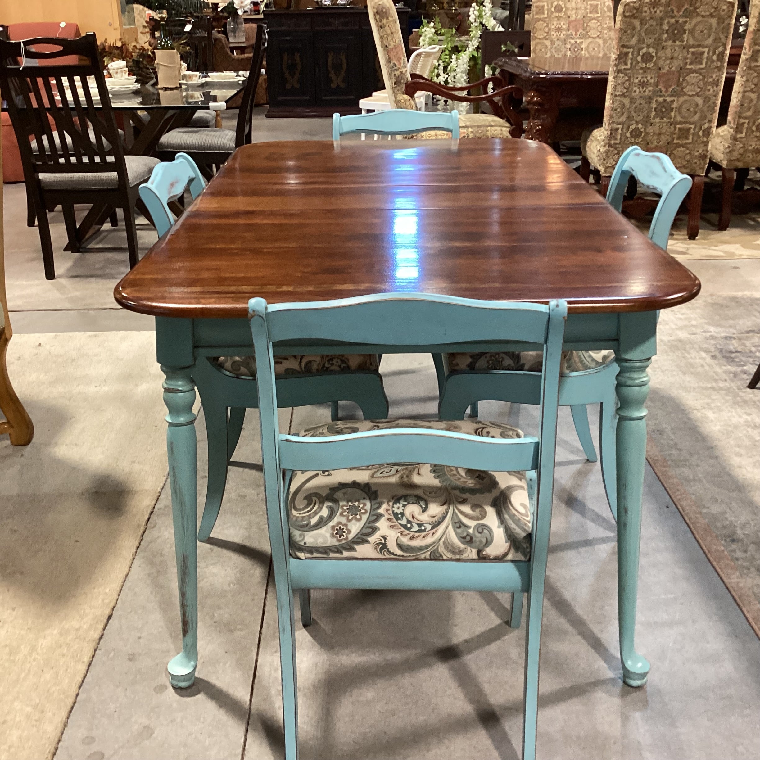 Antique Refinished Blue & Wood Table with 4 Chairs Dining Set 52"x 36"x 30.5"