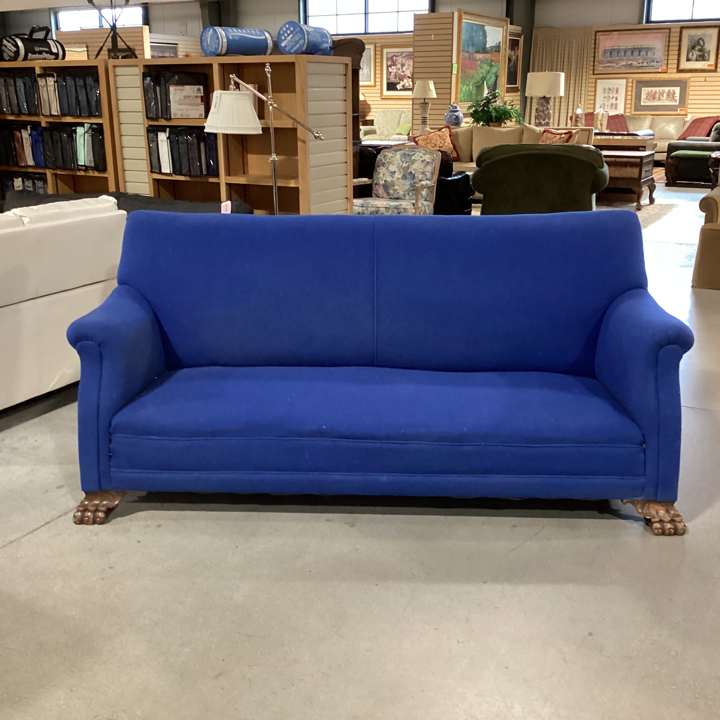Royal Blue Woven & Carved Clawfoot Sofa 79"x 33"x 37"