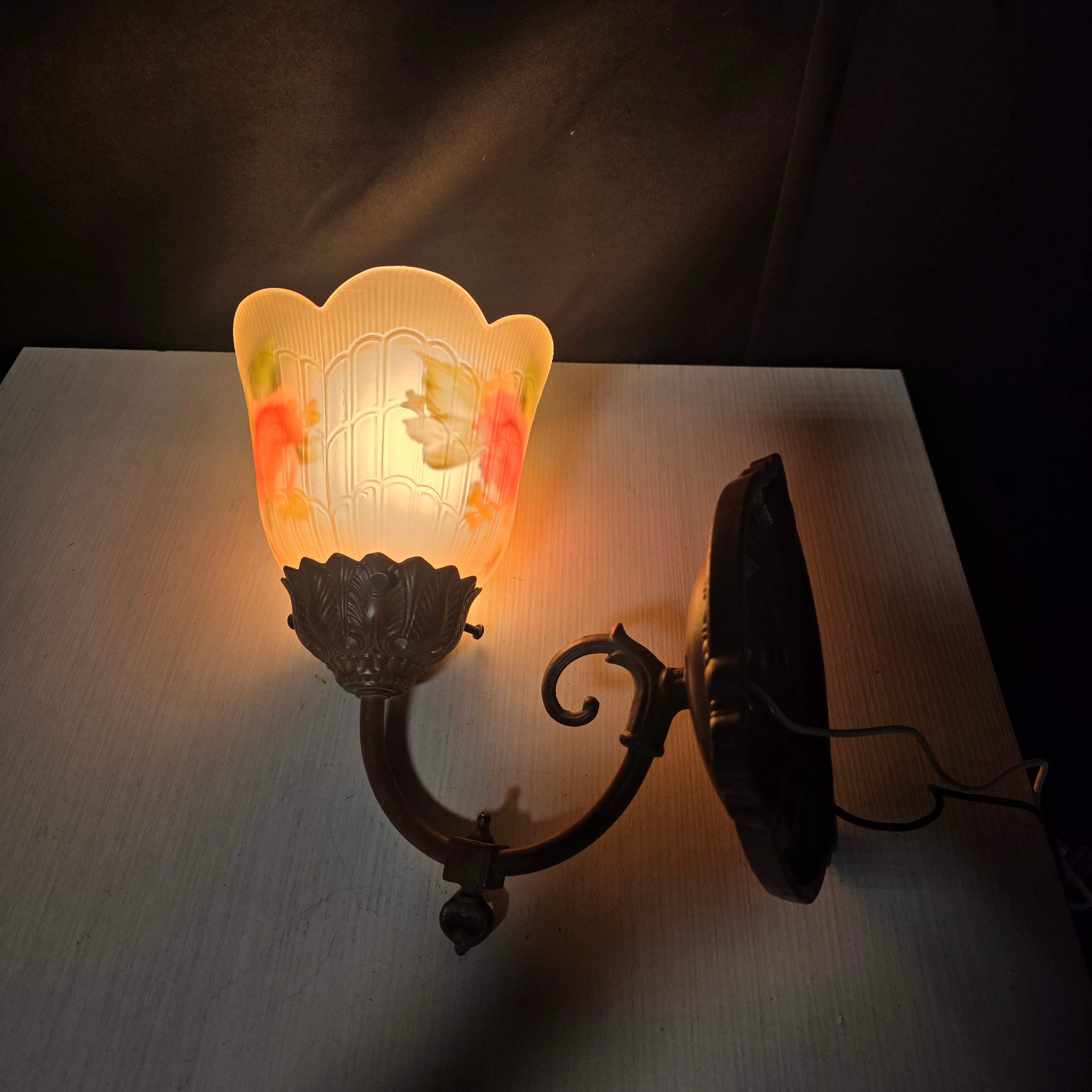 Vintage Hand Painted Rose on Frosted Glass French Inspired Sconce 6.5"x6.5"x9"