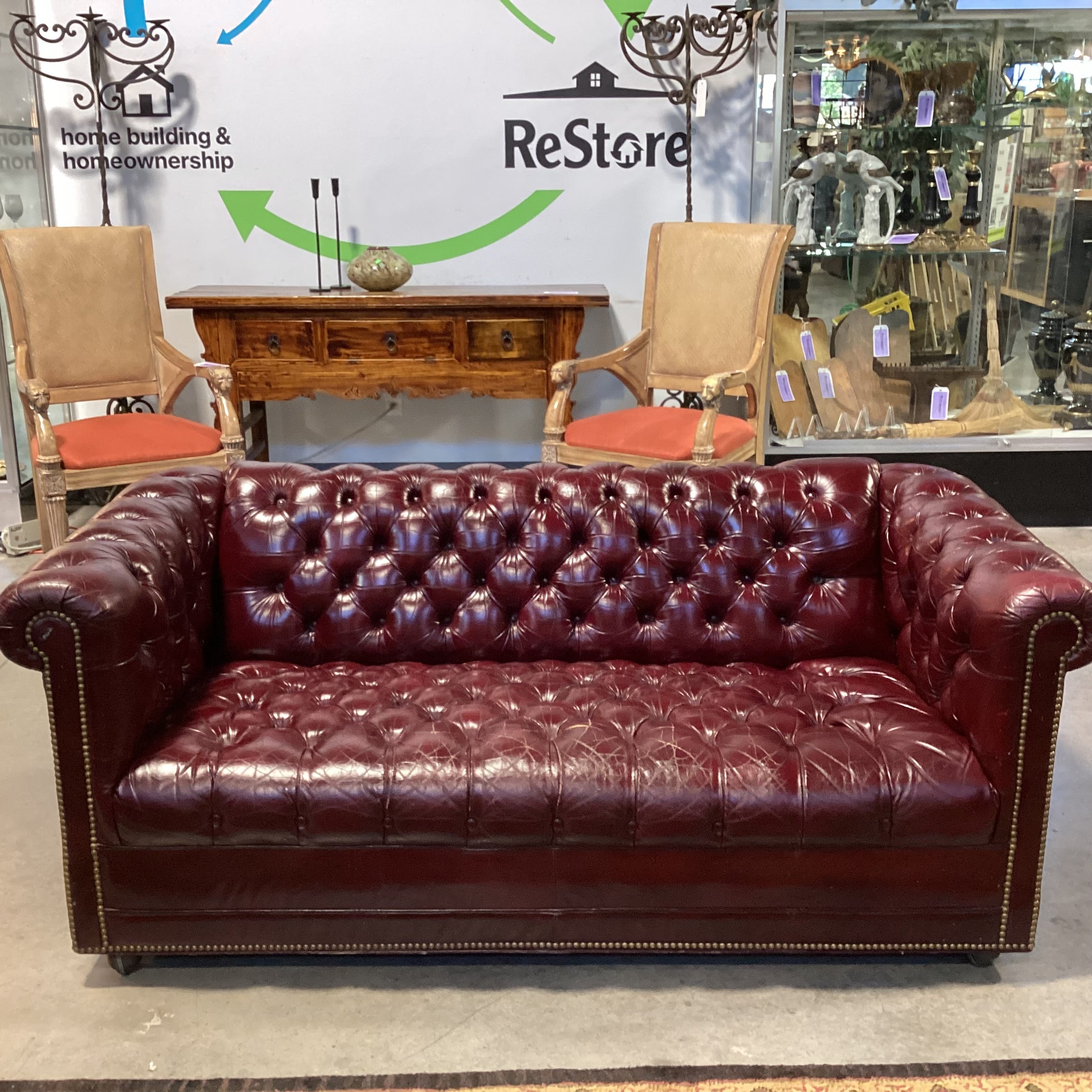 Vintage Burgundy Tufted Leather Nail Head on Casters Chesterfield Loveseat Sofa 69"x 36"x 28"