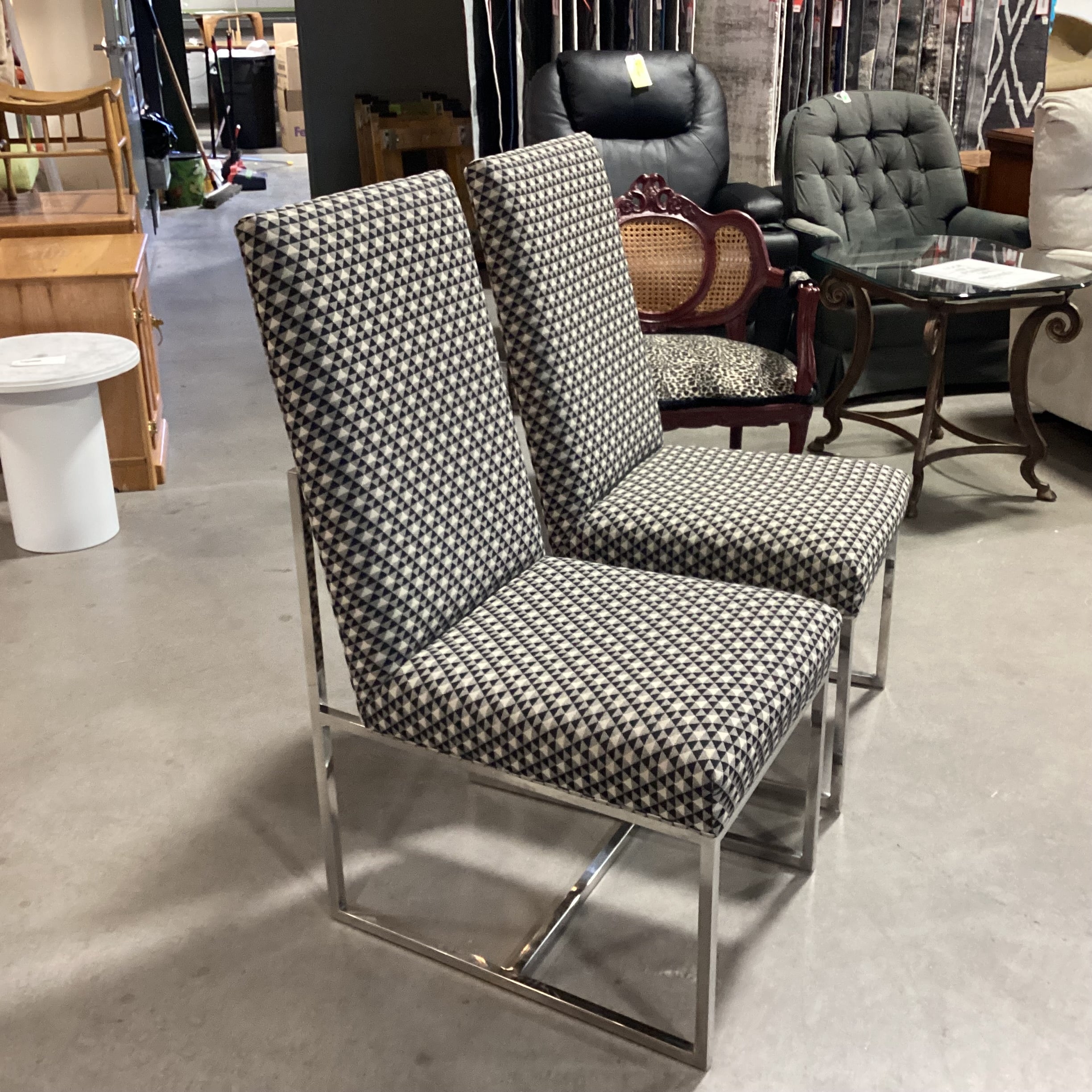 SET of 2 Modern Black Beige Pattern & Chrome Dining Chairs 20"x 25"x 41"