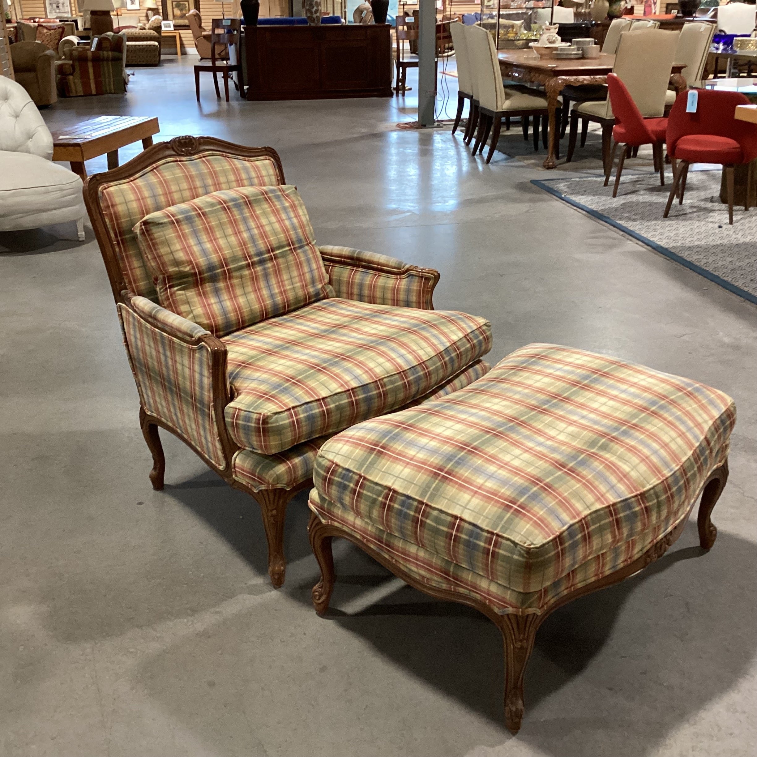 French Provincial Style Carved Wood & Plaid Down with Ottoman Chair 37"x 34"x 38"