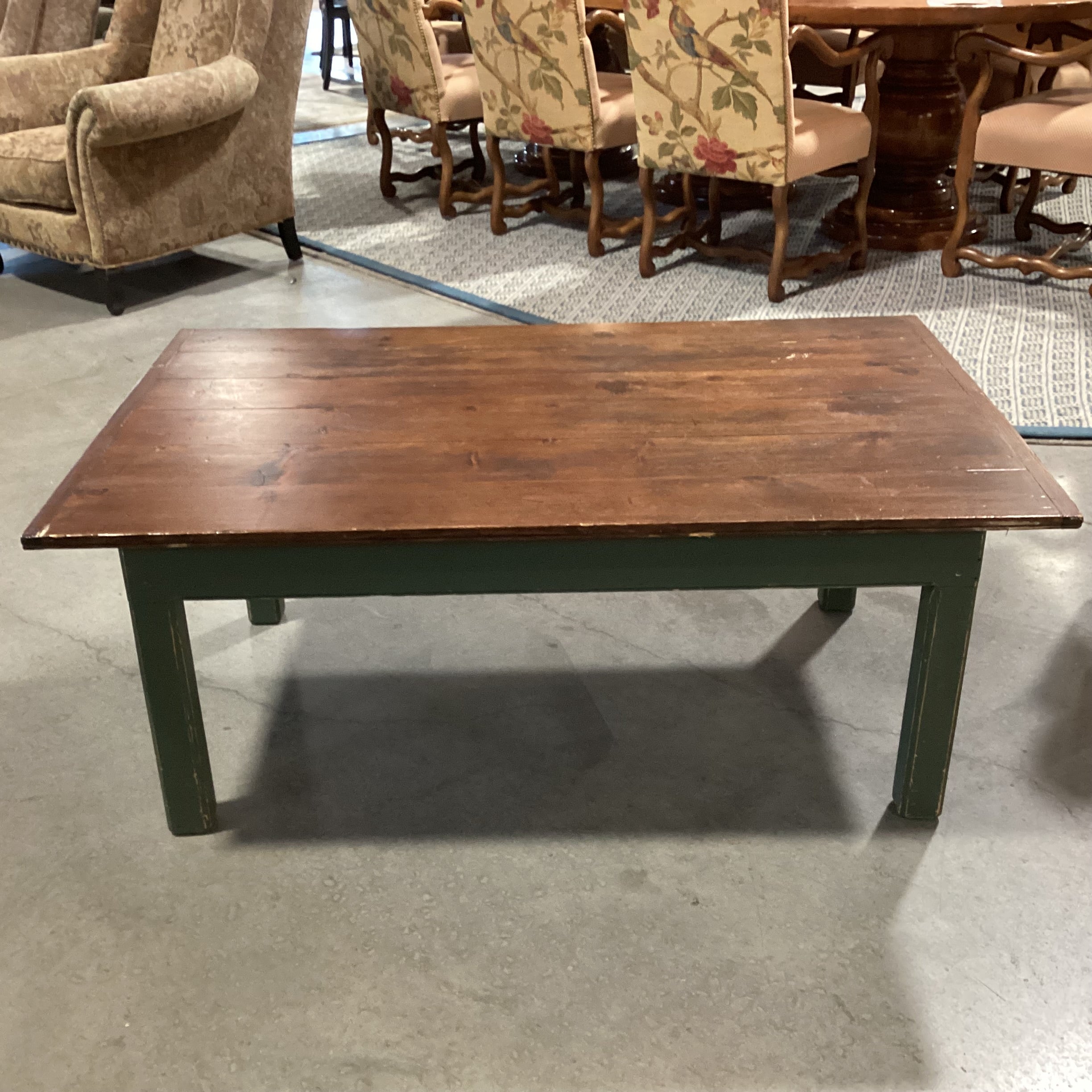 Distressed Finish Plank & Green Wood Coffee Table 48"x 30"x 20"