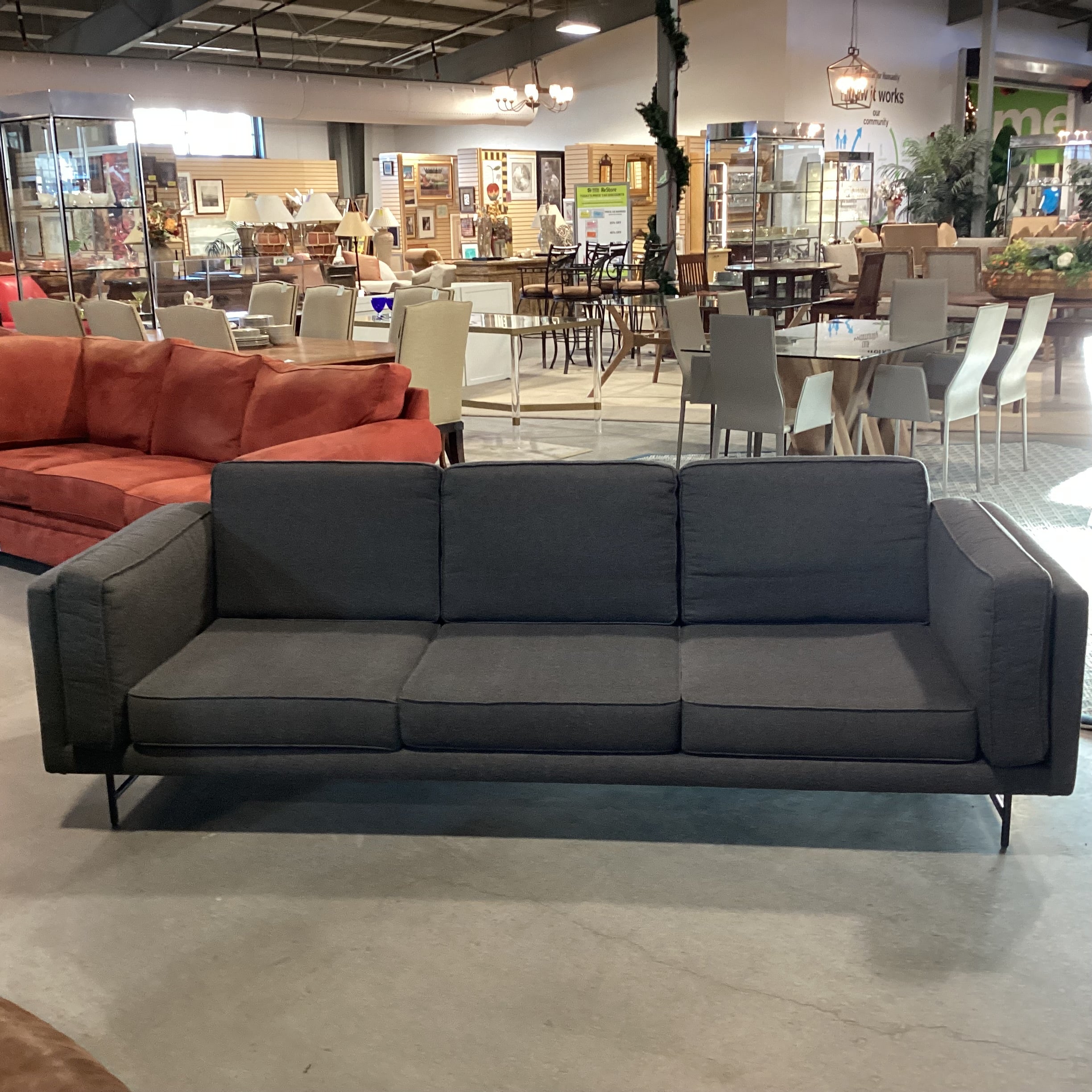Blu Dot Modern Dark Grey 3 Seat Bank Sofa 96"x 36"x 26"
