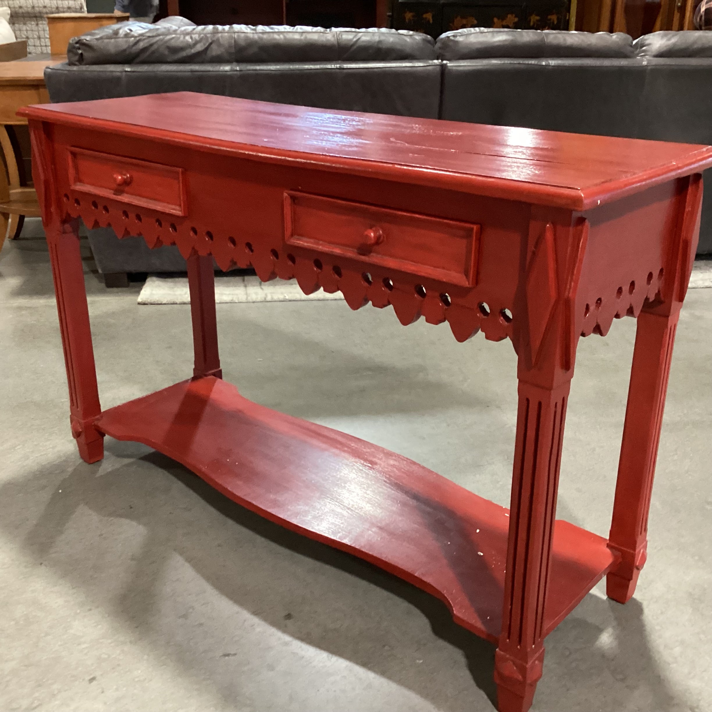 Red Finished Carved Wood 2 Drawer with Bottom Shelf Sofa Table 47"x 17"x 30"