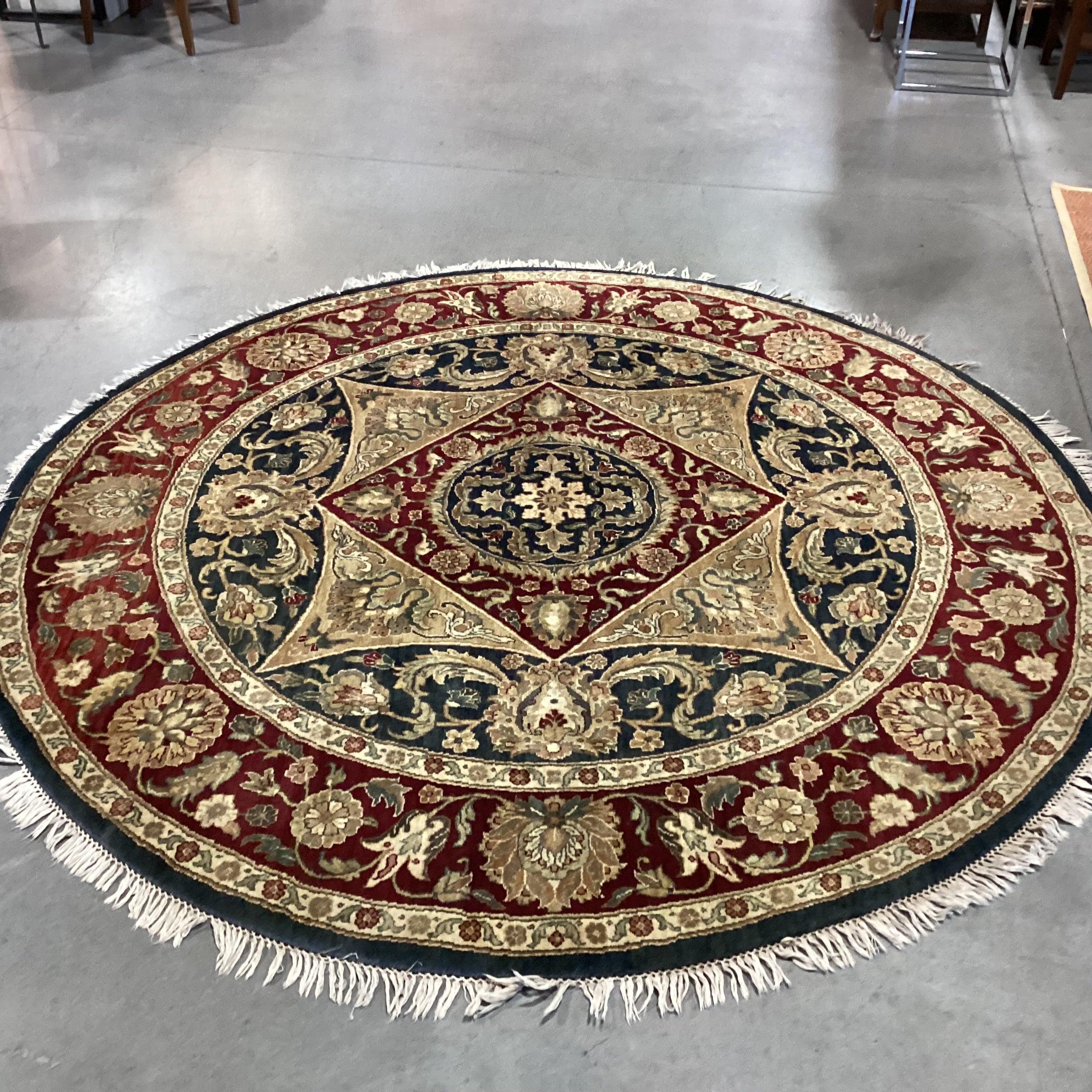 Red Blue Gold Round Hand Woven Wool Rug 8'3" Diameter