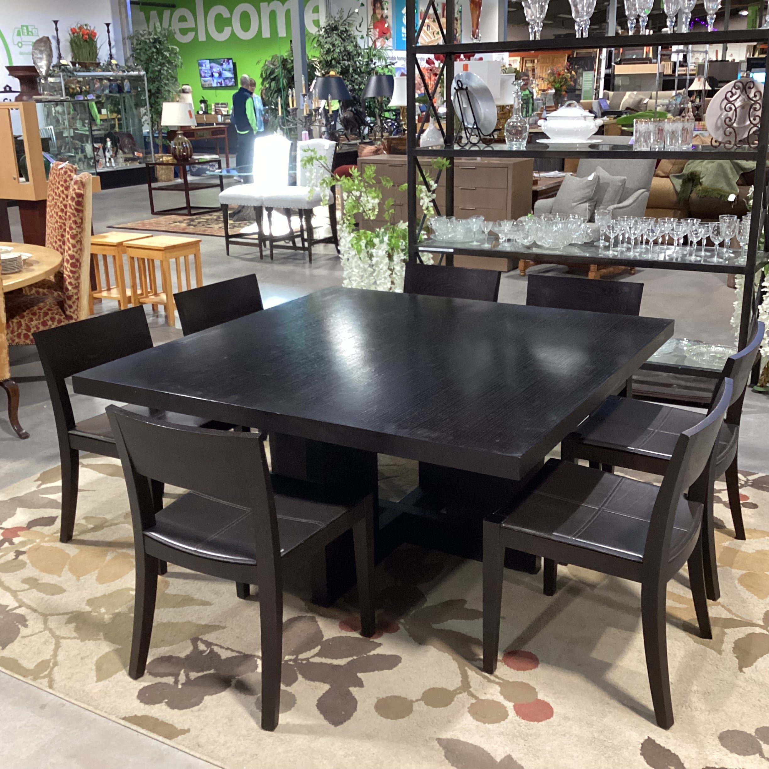 Casa Milano Italian Modern Japandi Design Table with 7 Wood & Leather Chairs Dining Set 59"x 59"x 29"