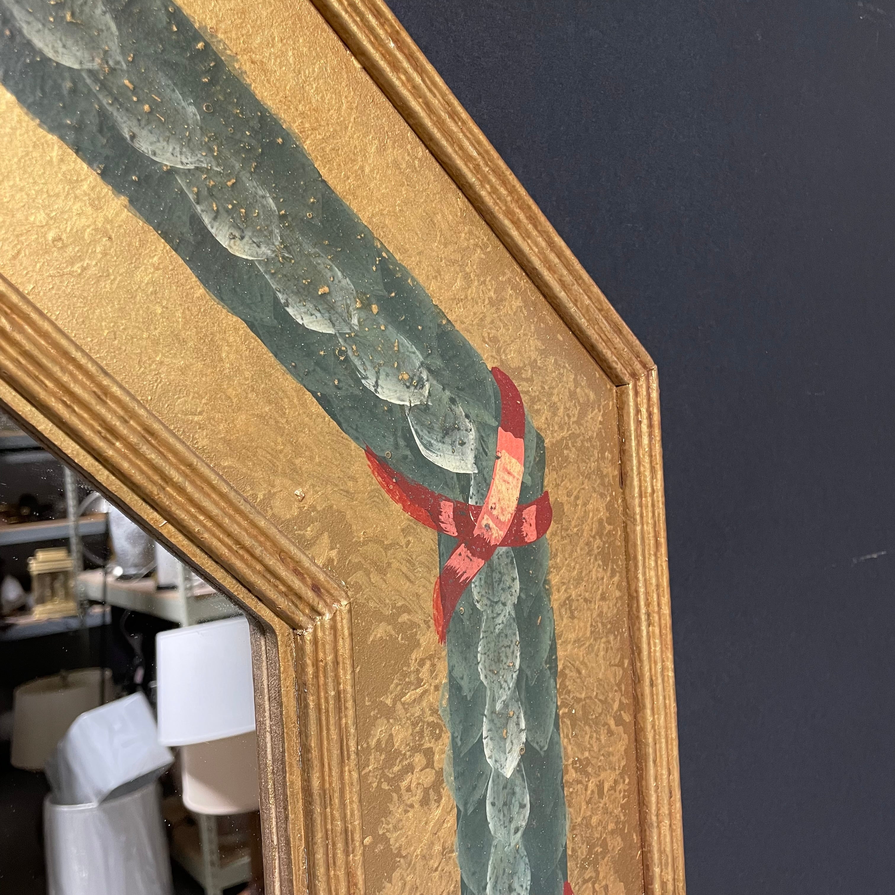 Mid Century Modern Giltwood Wall Mirror With Hand-Painted Garland 20" x 36"
