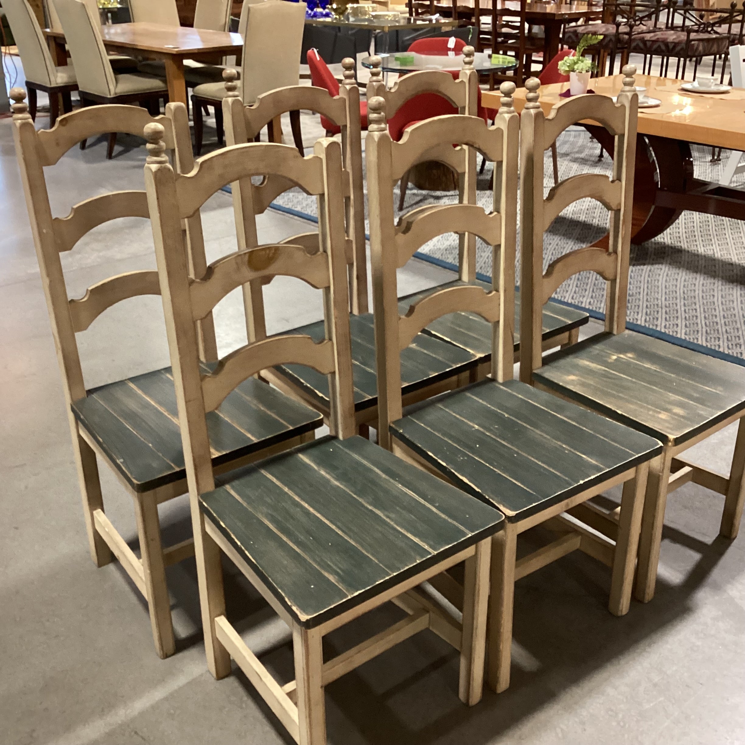 SET of 6 Buffalo Lodge & Dakota Washed Distressed Cream & Green Wood Ladder Back Ranch Dining Chairs 18"x 19"x 45"