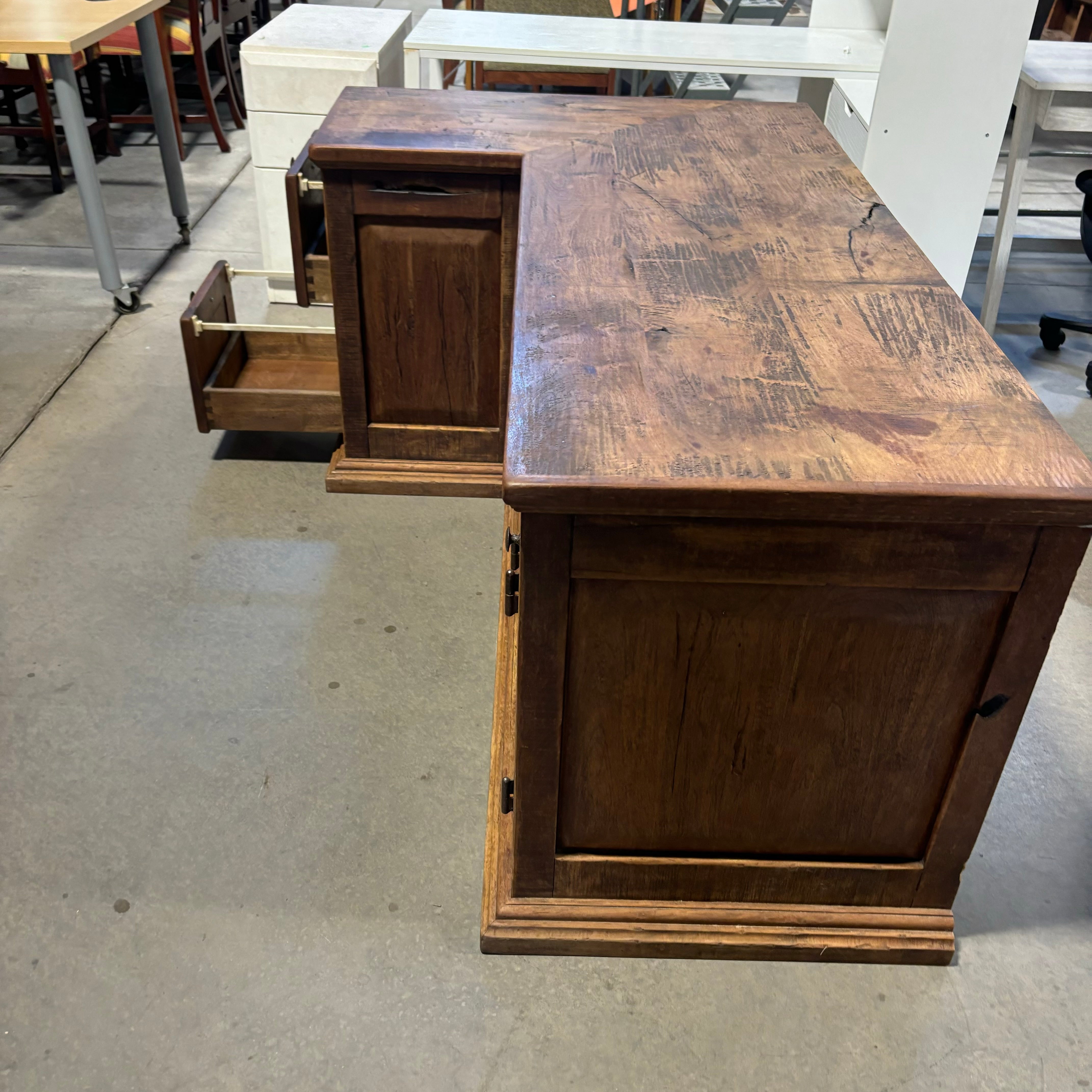 Custom Natural Distressed Wood with Iron Accents L Shaped Desk 66"x 41.5"x 30"