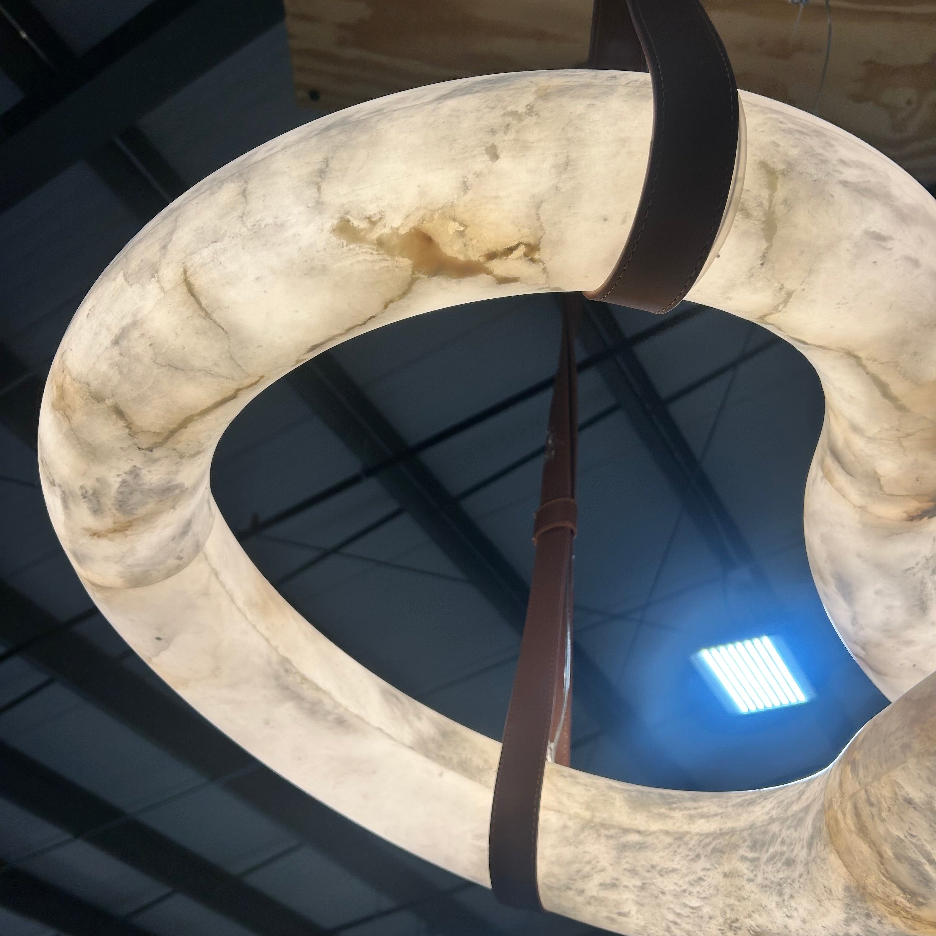 The Infinity Hanging Stone Sculptural Pendant With Brown Leather Straps 42"x 31"x 56"