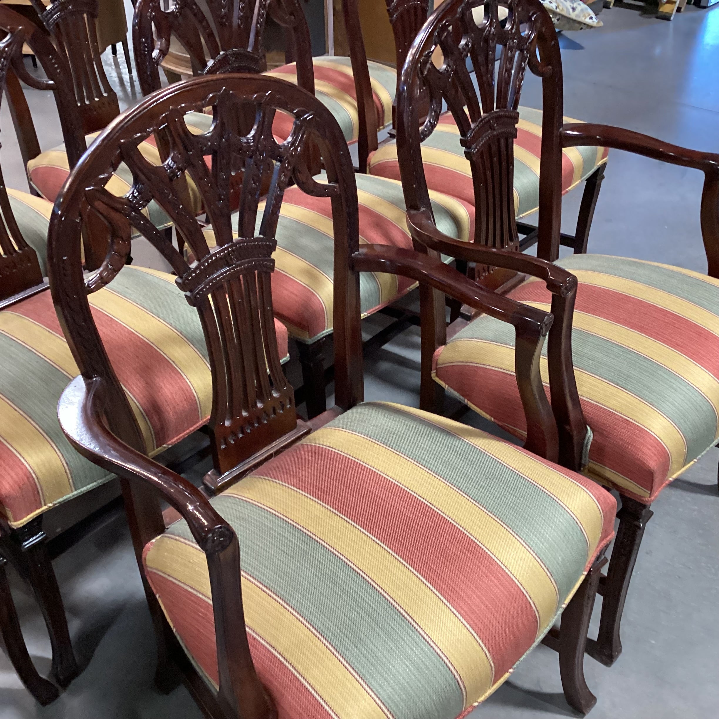 SET of 10 Ornate Carved Finished Wood & Gold Burnt Orange Sage Woven Stripe Dining Chairs 22"x 22"x 39"