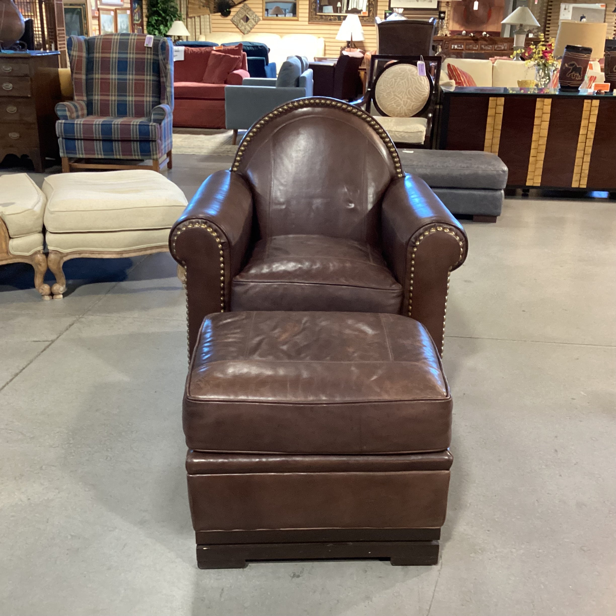 Mulholland Brothers Home Collection by Eric Brand Art Deco Style Leather Nailhead with Ottoman Club Chair 36"x 35"x 37.5"