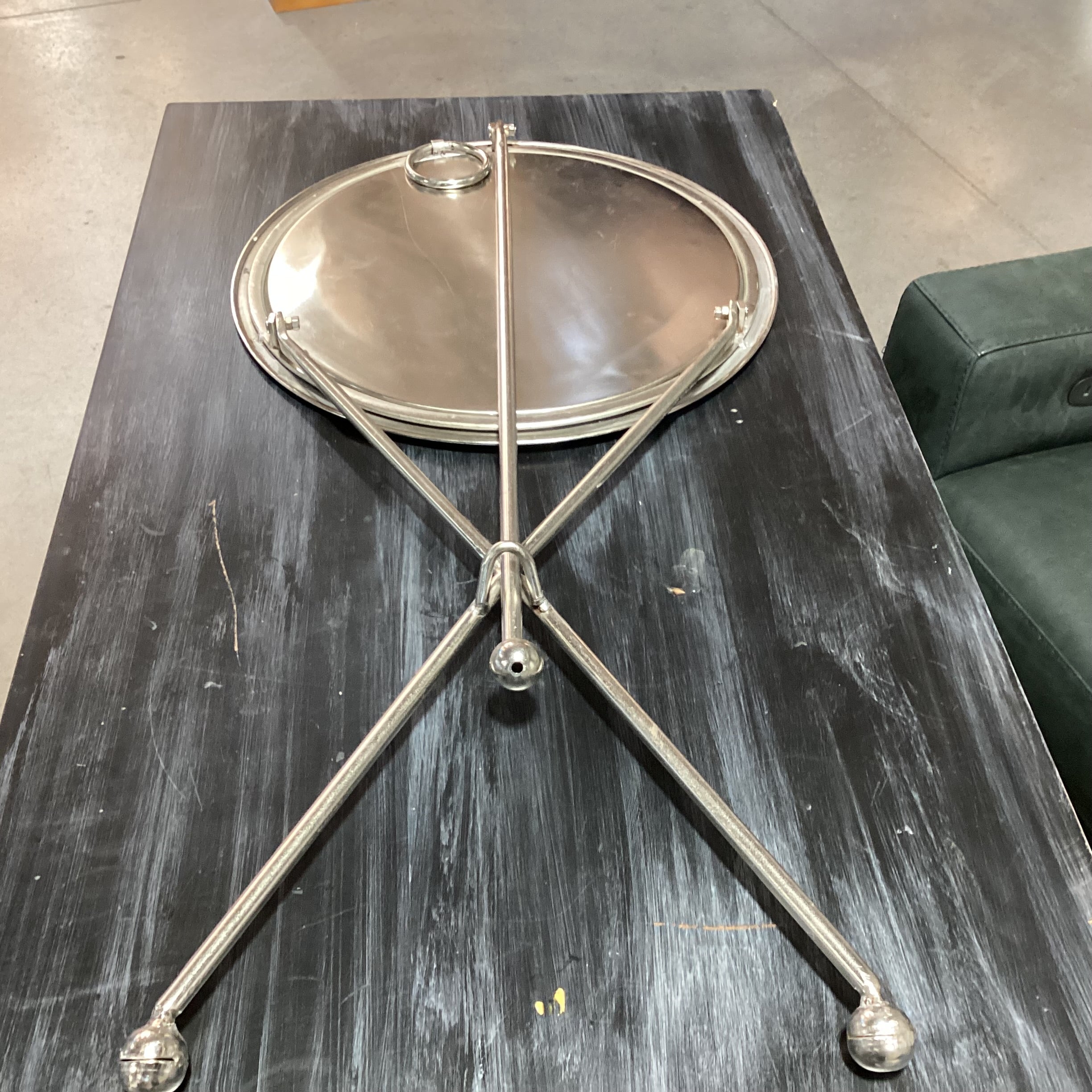 Vintage Folding Silver Plated Tripod Tray Accent Table 18" Diameter x 24"