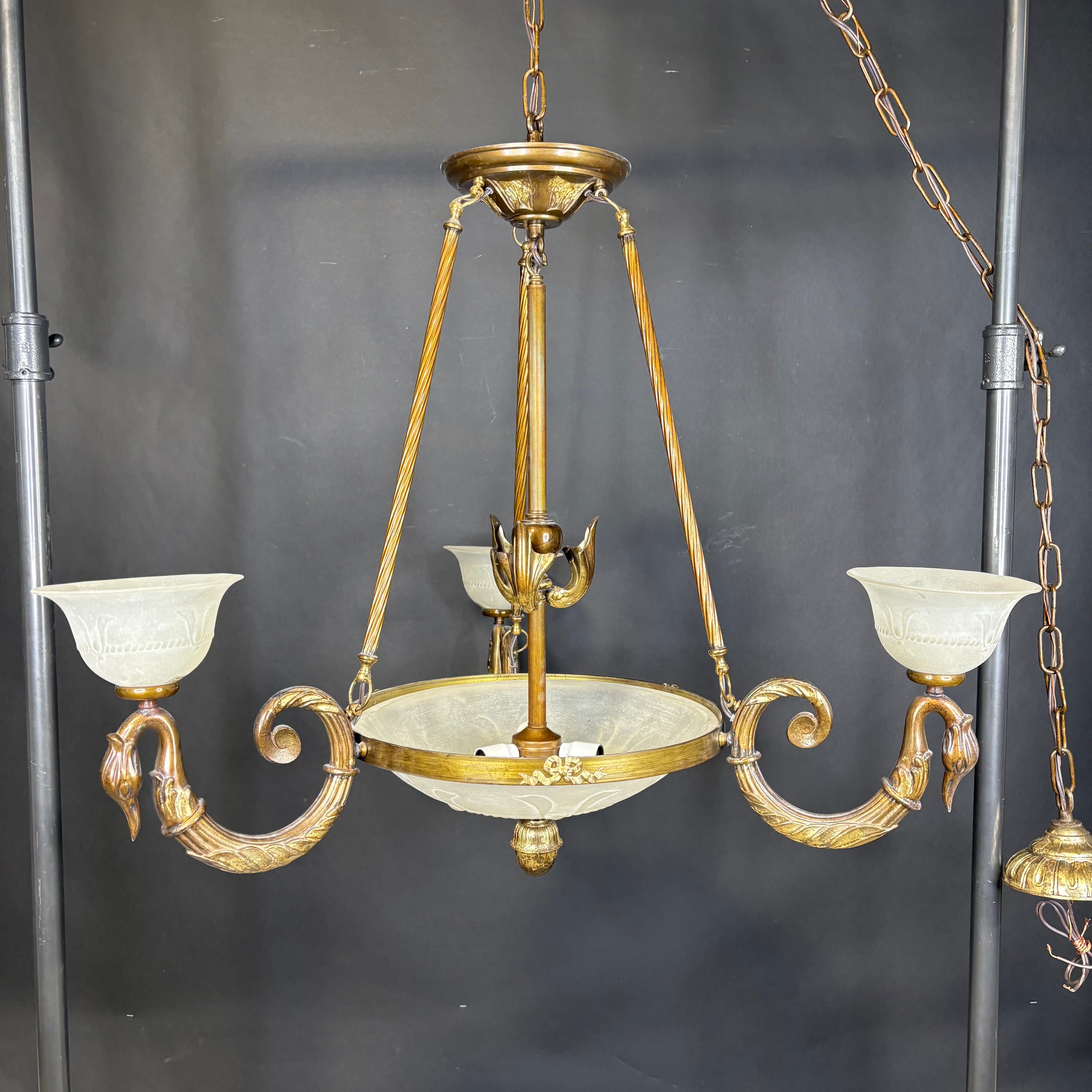Hollywood Regency Style 6-Light Brass Geese and Glass Chandelier 36” Diameter x 36” -115”