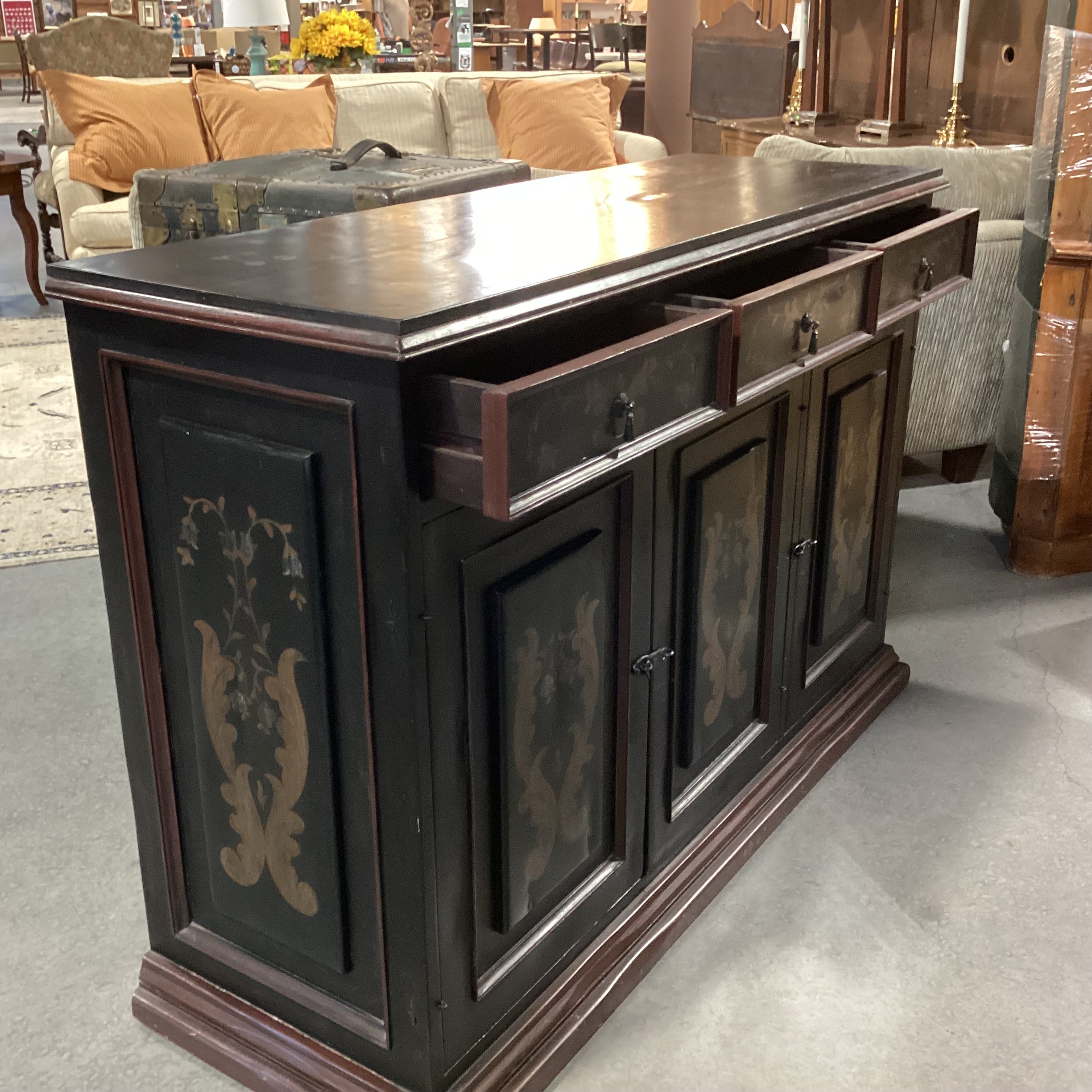 Black & Red Antiqued with Gold Ornate Painted Detail 3 Drawer 3 Door with Shelves Sideboard 60"x 21"x 41"