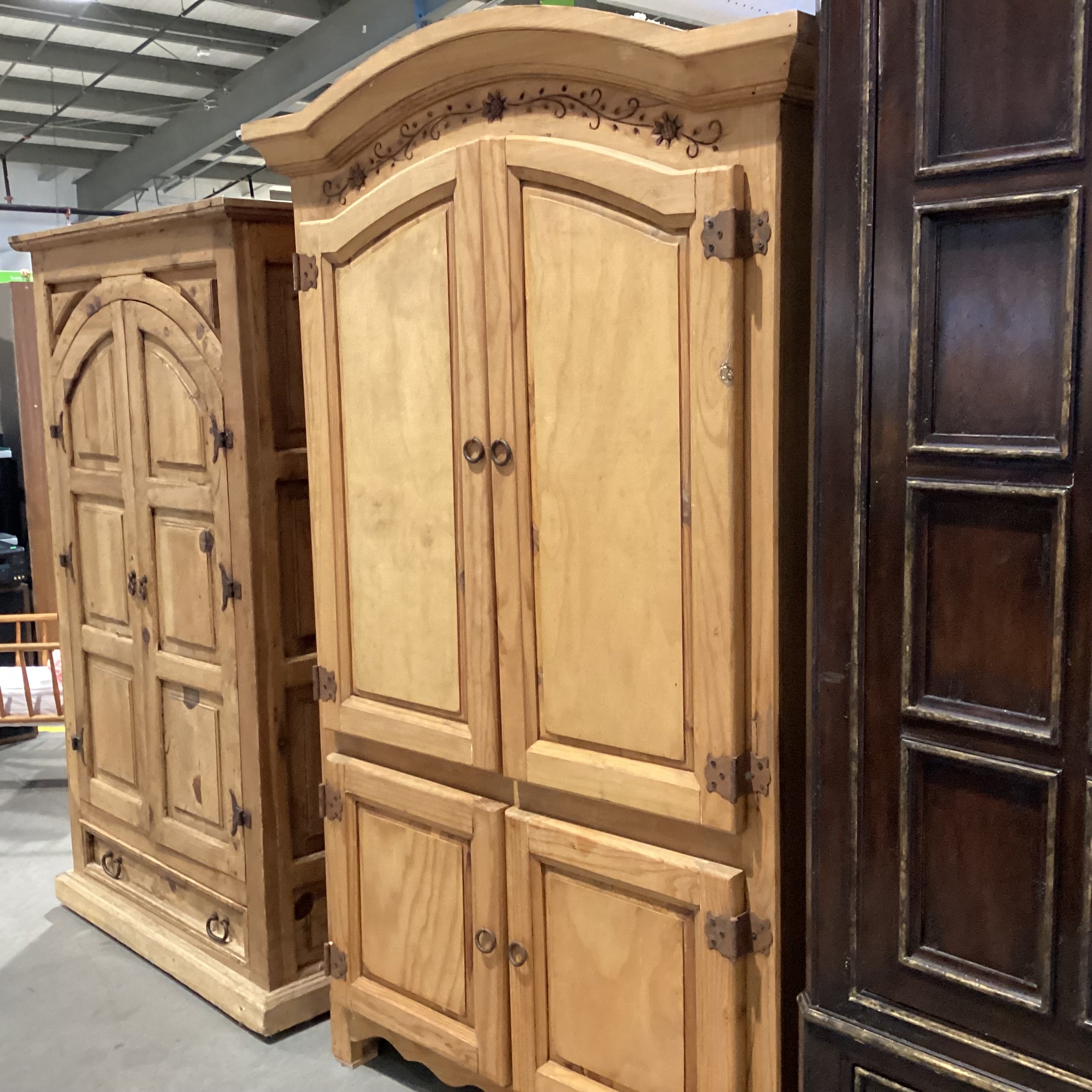 Arched Rustic Natural Carved Wood 4 Door with Shelves & 2 Drawer Armoire 48.5"x 26"x 80.5"