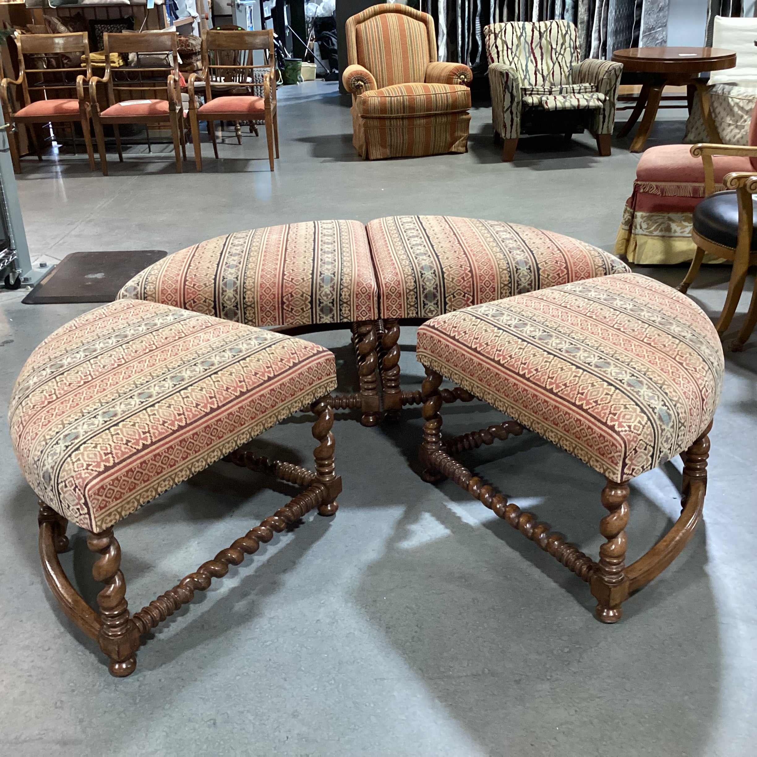 Rose Tarlow Melrose House Barley Twist Carved Wood & Upolstered 4 Piece Pie Ottoman 61" Diameter x 21"