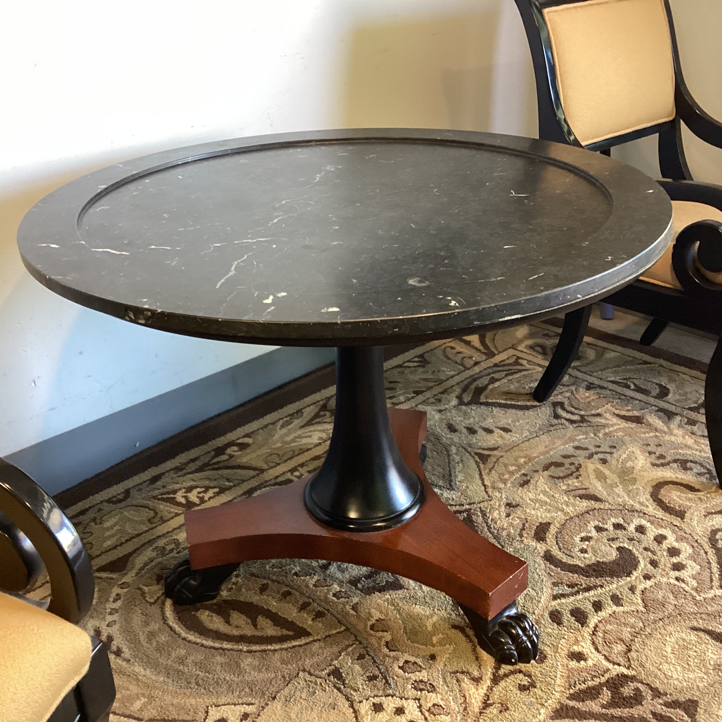 Ralph Lauren Round Black Marble Mahogany Pedestal with Carved Paw Feet Foyer Accent Table 38.5" Diameter x 28"