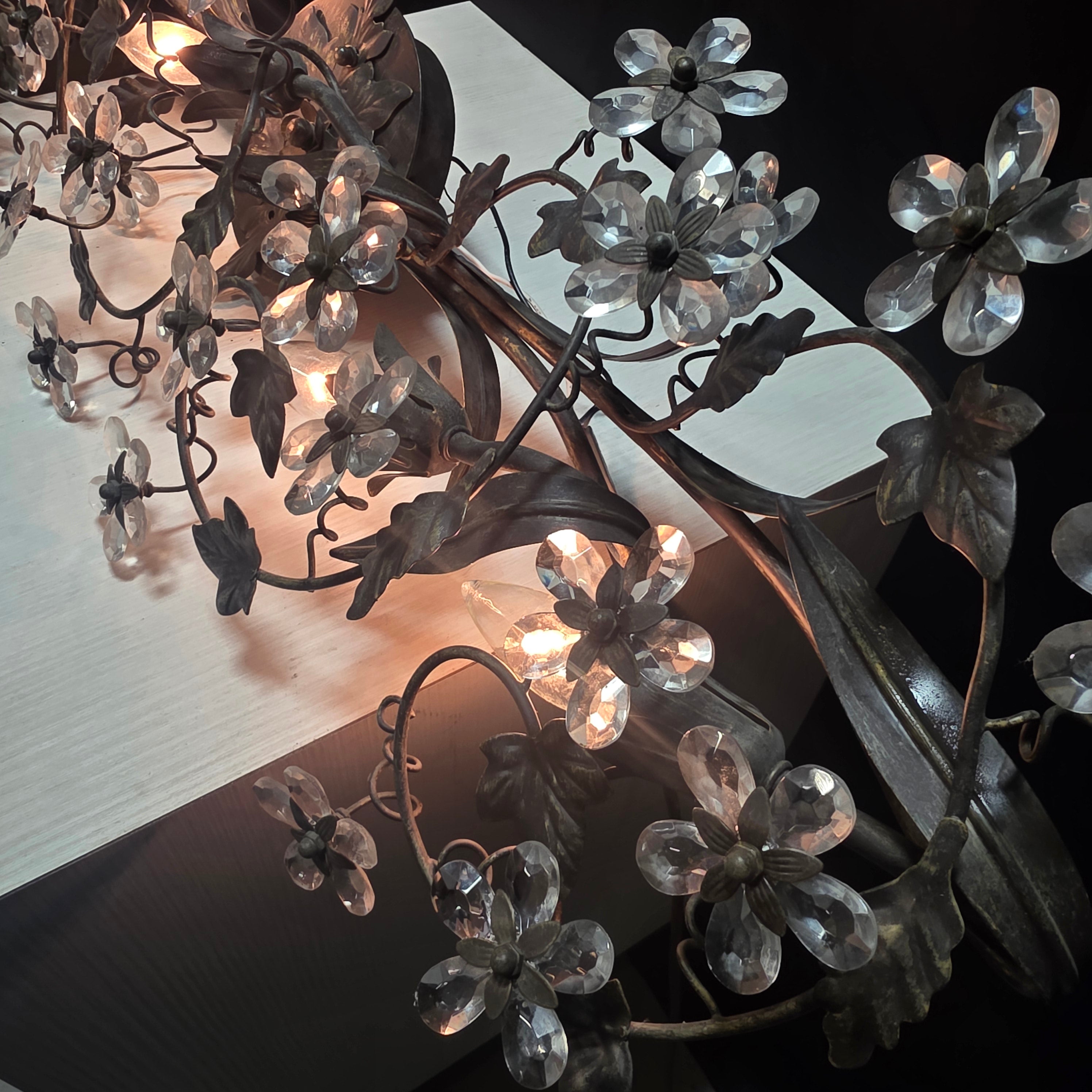 Glass Flower Steel Metal Vines and Leaves Light Wall Sconce 38"x8"x12"