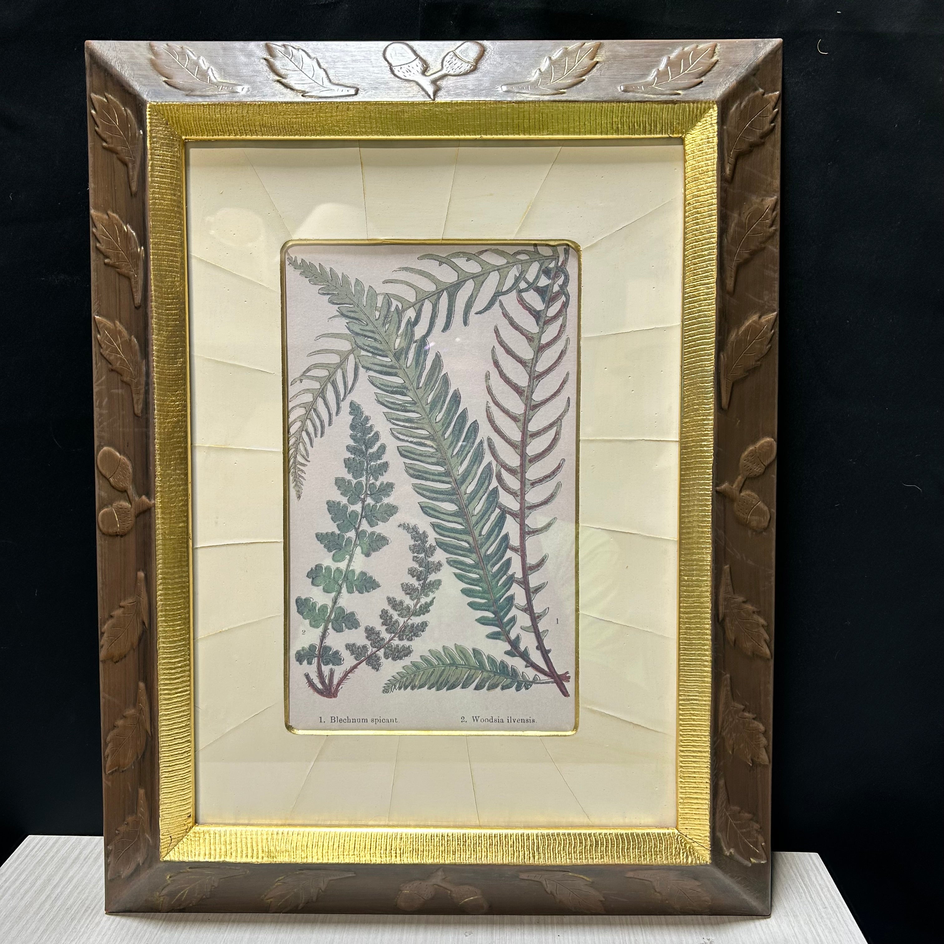 Botanical Fern Print With Gold & Copper Oak Leaf Frame 14.5"x 19"