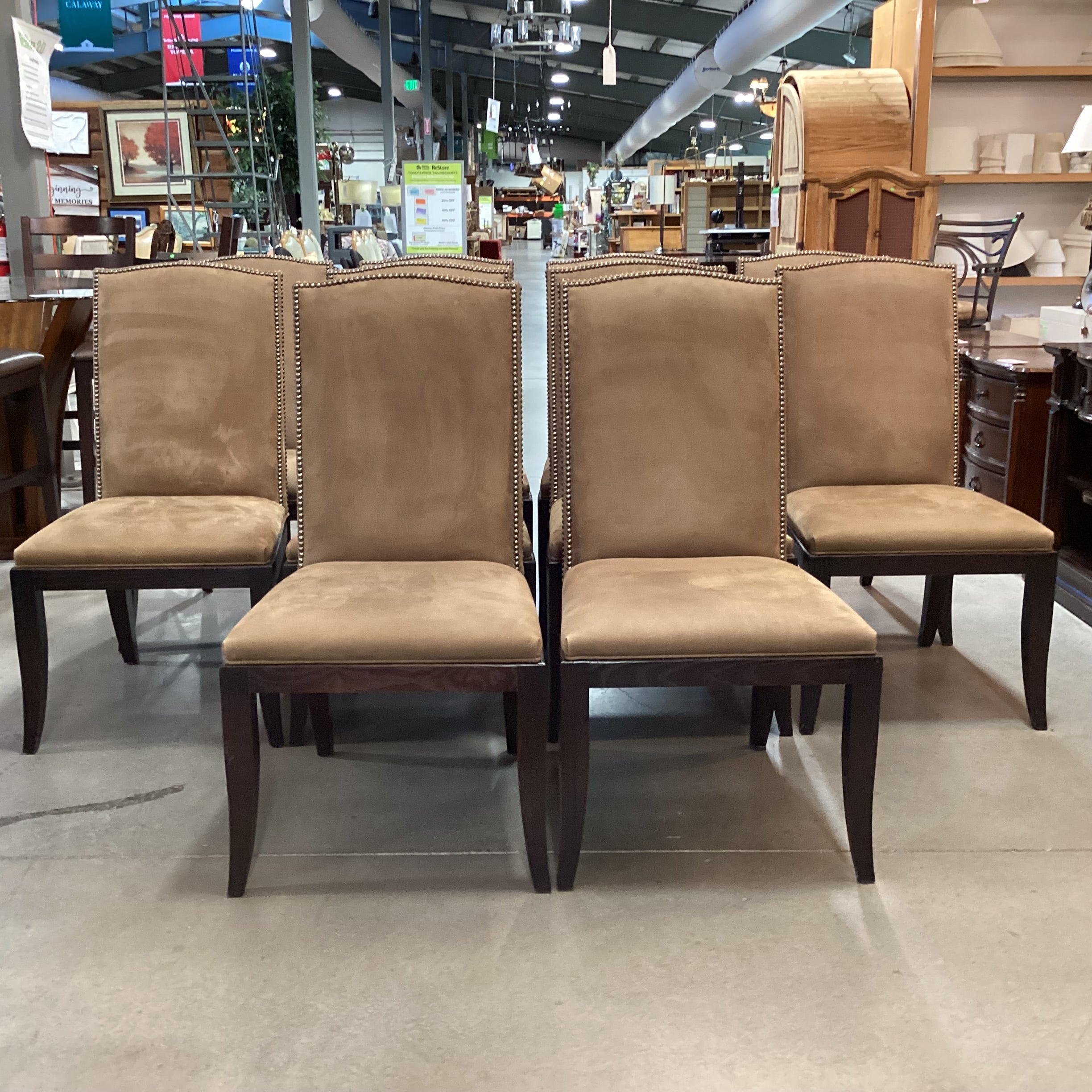SET of 10 Hickory Chair Co Chelsea Brown Suede Nailhead & Dark Finish Wood Dining Chairs 22"x 25"x 42"