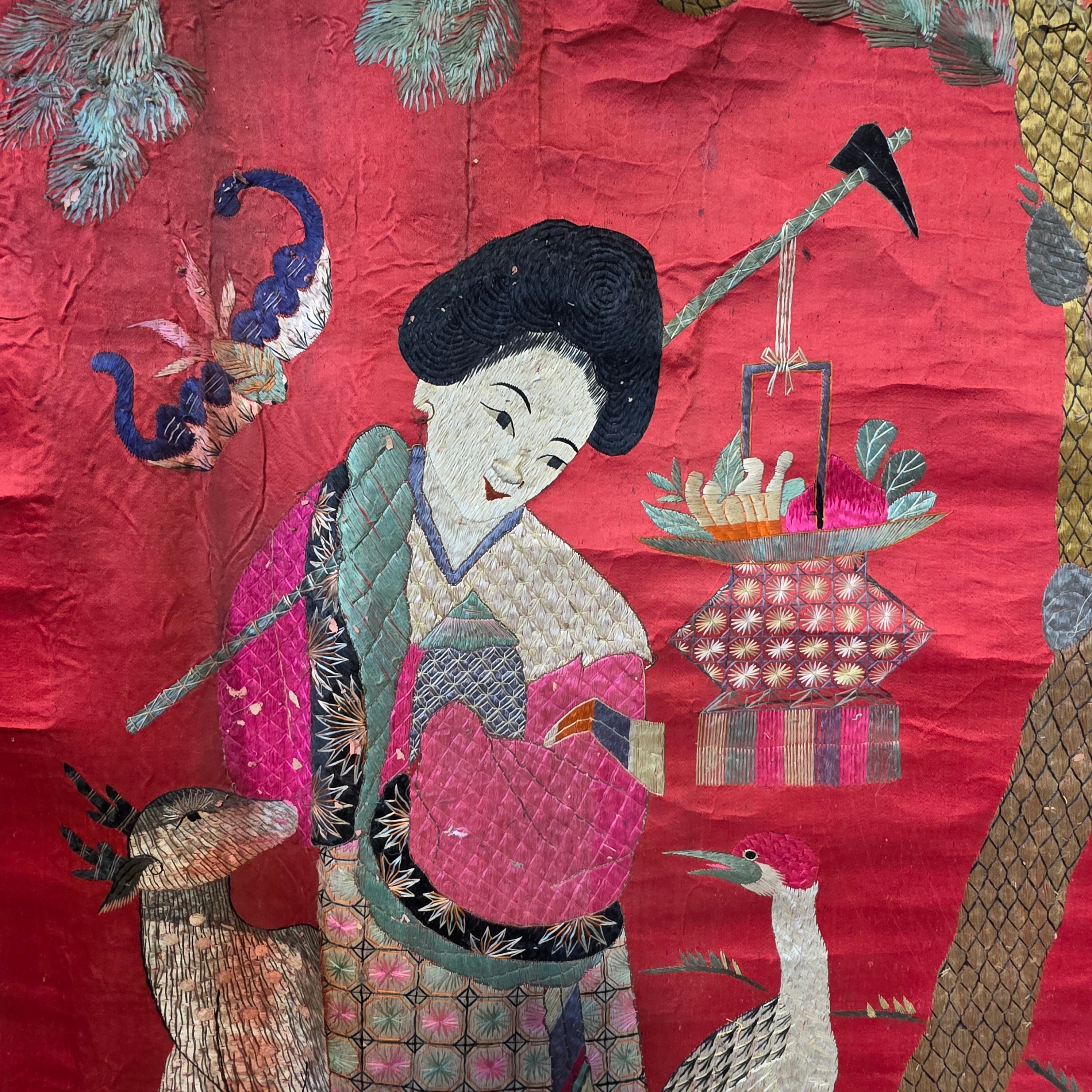 Circa 1890-1930 Qing Dynasty Wall Tapestry on Paper 31"x86"