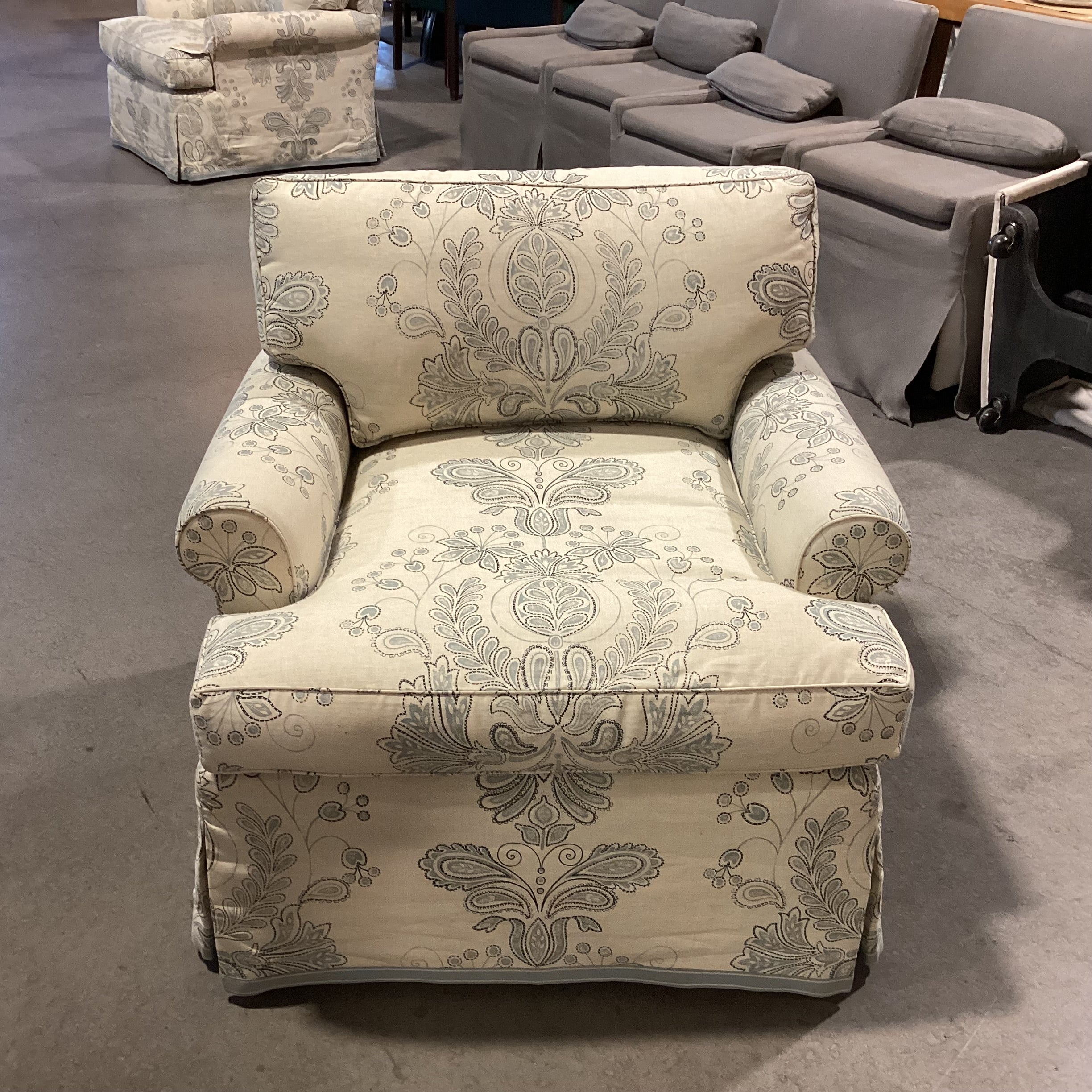 Custom Cream Blue Floral Linen Down Chair 33"x 33"x 28"