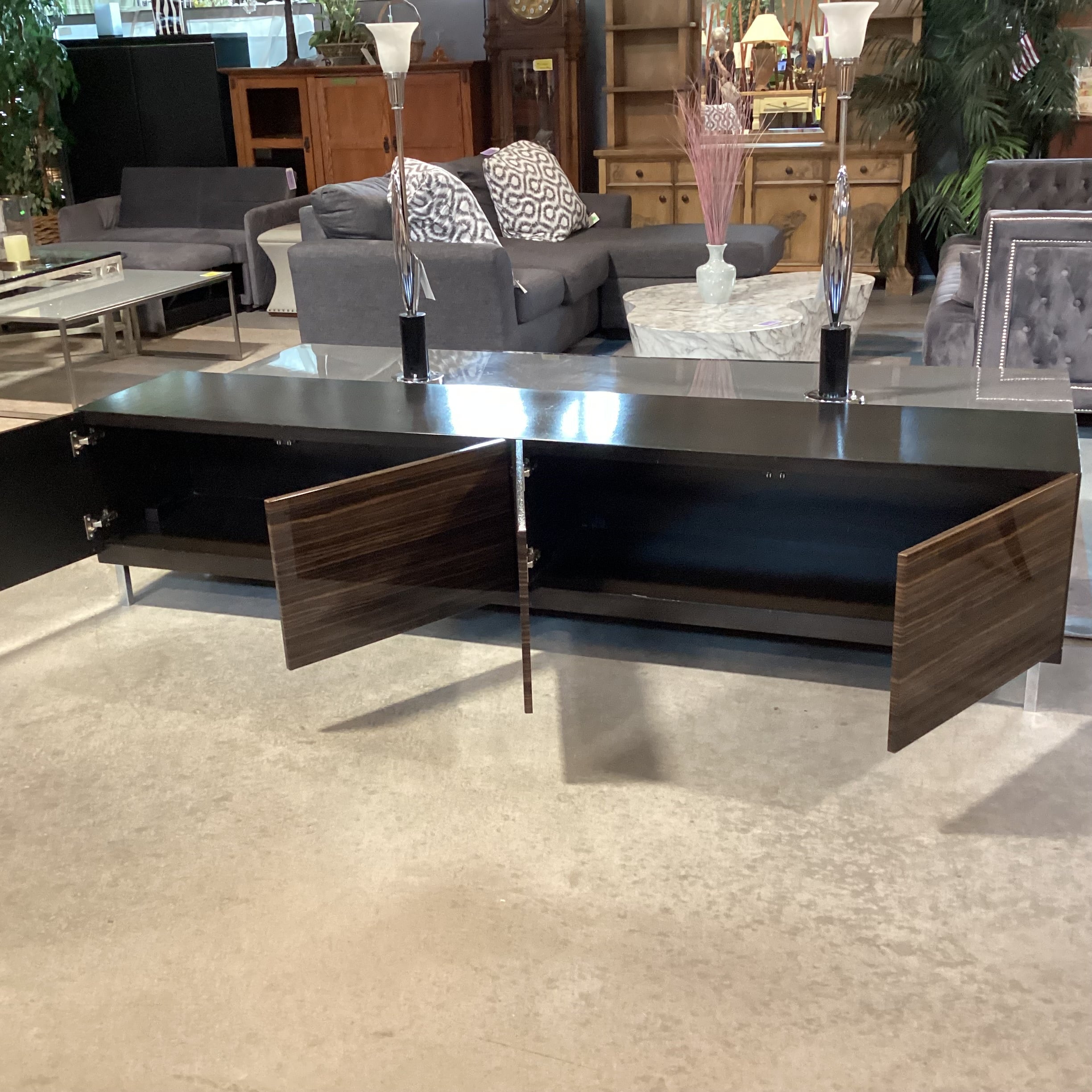 Modern Lacquered Macassar Ebony Veneer 4 Door Console Credenza 94"x 18.5"x 21.5"