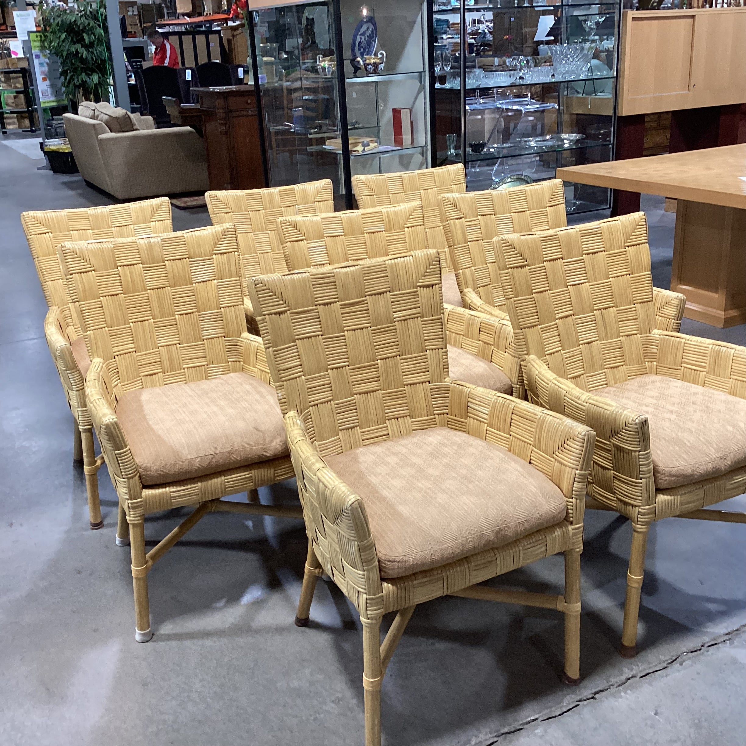 SET of 8 McGuire Style Square Basket Weave Rattan & Leather Strapping with Cushion Dining Chairs 24"x 26"x 36"