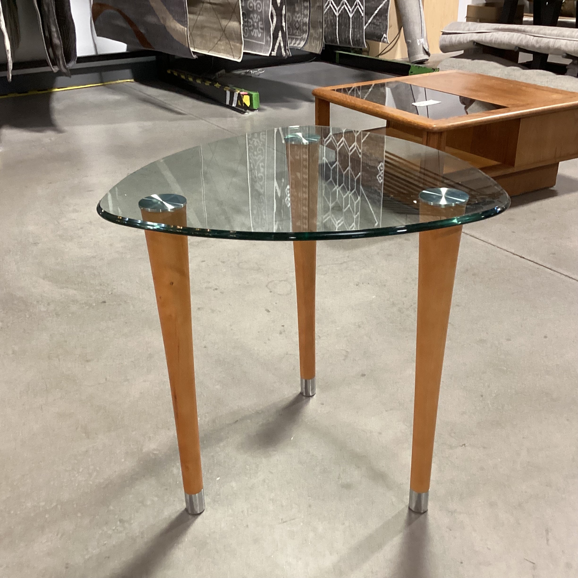 Modern Triangle Glass & Wood Legs End Table 26"x 26"x 26"