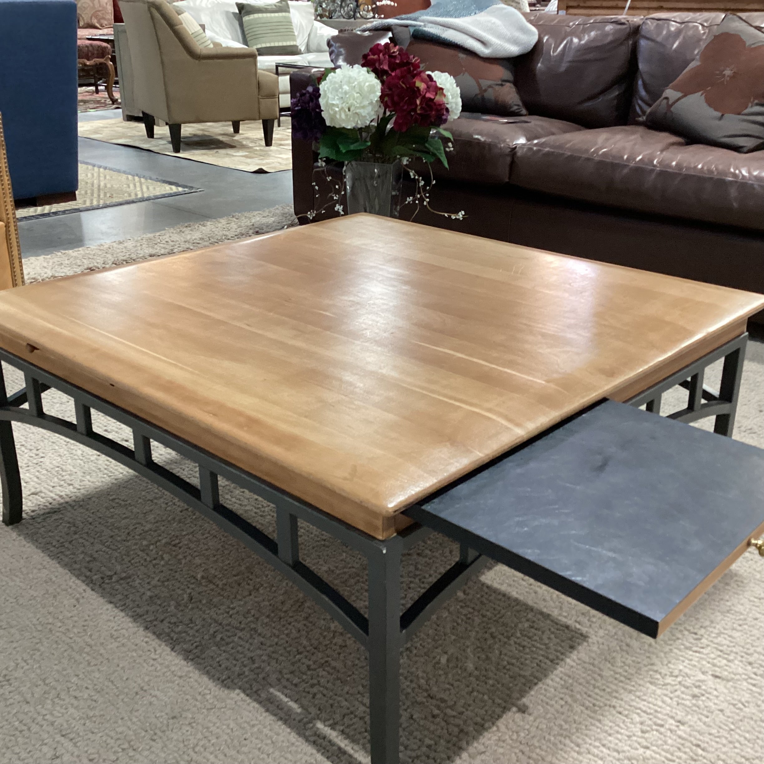 Wood & Metal with 4 Sided Pullout Top Coffee Table 38"x 38"x 17"