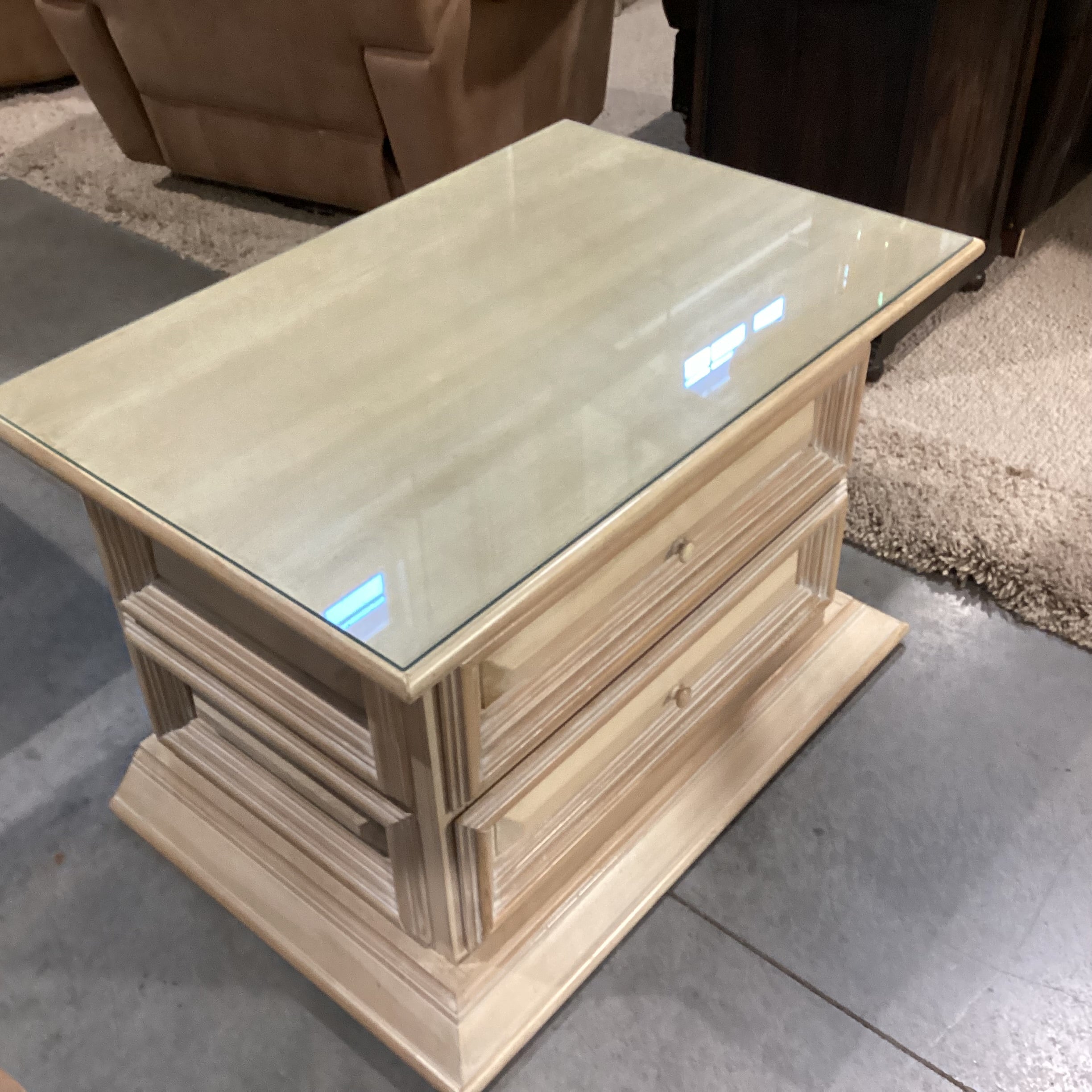 Kreiss Collection Natural Solid Carved Wood 2 Drawer Glass Top End Table 36"x 24"x 23"