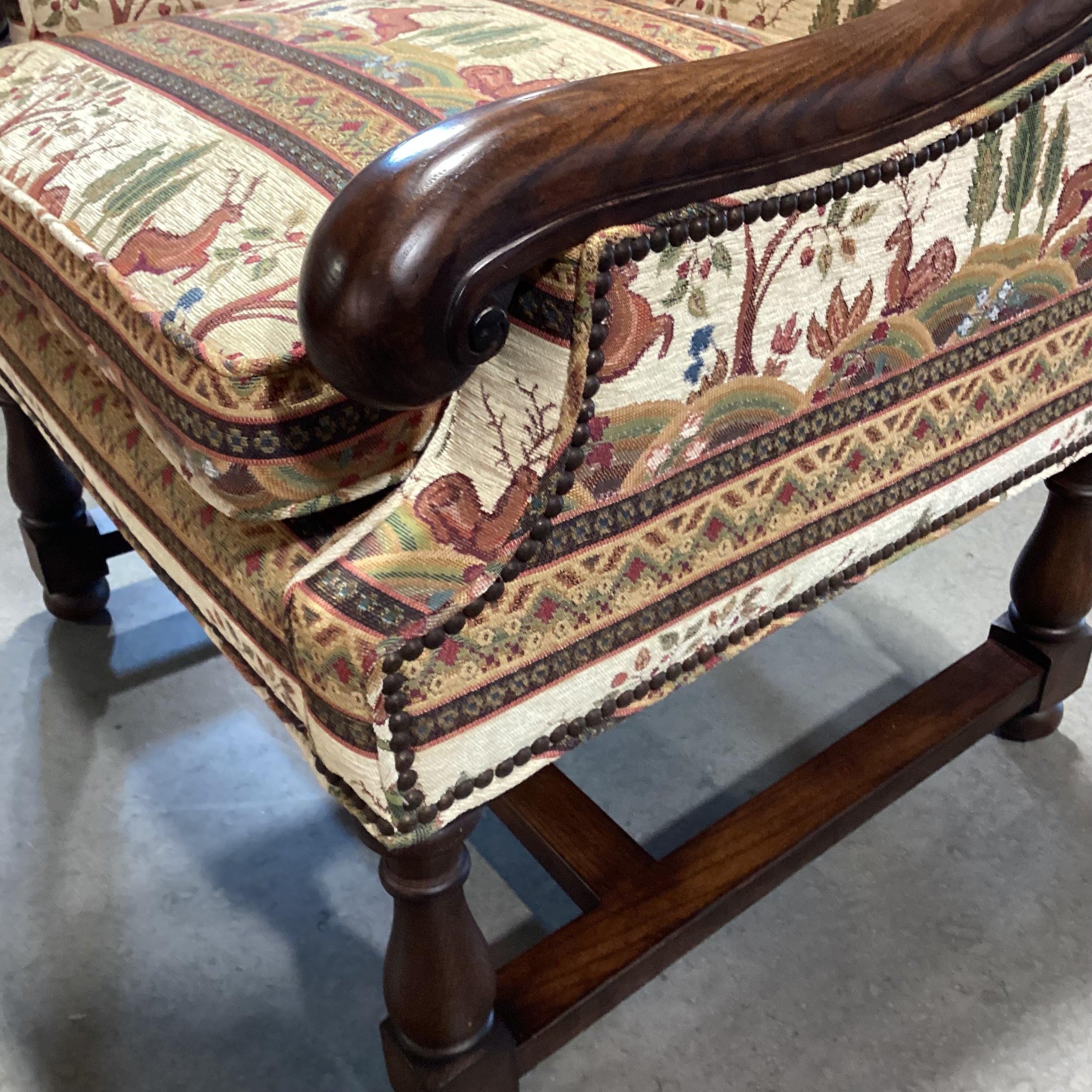Dindy Foster Interiors Custom Deer Floral Nailhead & Carved Wood Highback Chair 31"x 31"x 47"