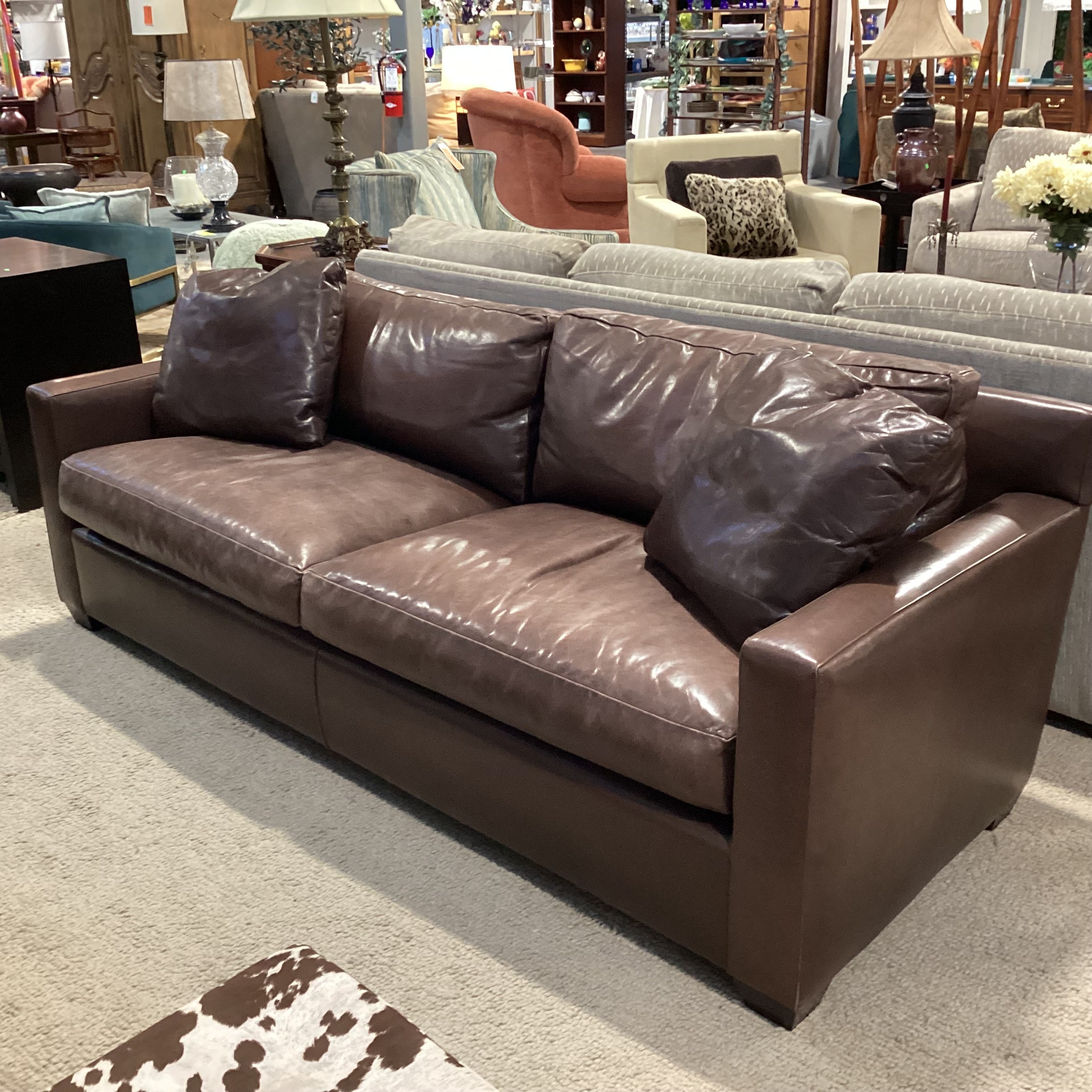 Baker Furniture Brown Leather Down Mix Track Arm with Accent Pillows Sofa 86"x 40"x 30"